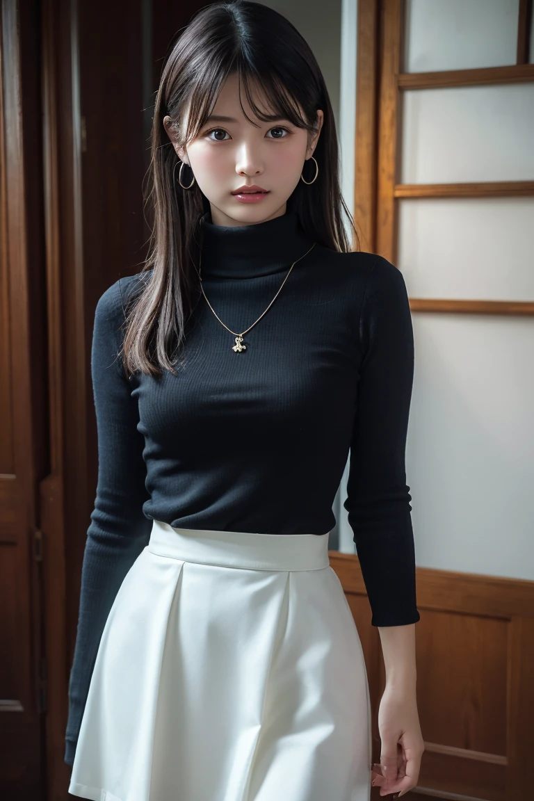 (8k, UHD, best quality, highres, award winning, high quality, high details, super detail, textured skin, anatomically correct, masterpiece, ccurate, retina), Korean female model, Height 175 cm, perfect bodies, Long legs, wavy and long hair, Wearing 0D pantyhose, full lenght shot, (((full body: 1.5))), (Open Chest Mock Neck Crop Tank Top White Knitwear, Sexy pose, Draped skirt, Dressed in black lace, The whole body in black, Thin stockings, tightly dress, tightly mini skirt, tightly v-neck shirt, shirt with a collar, ray tracing