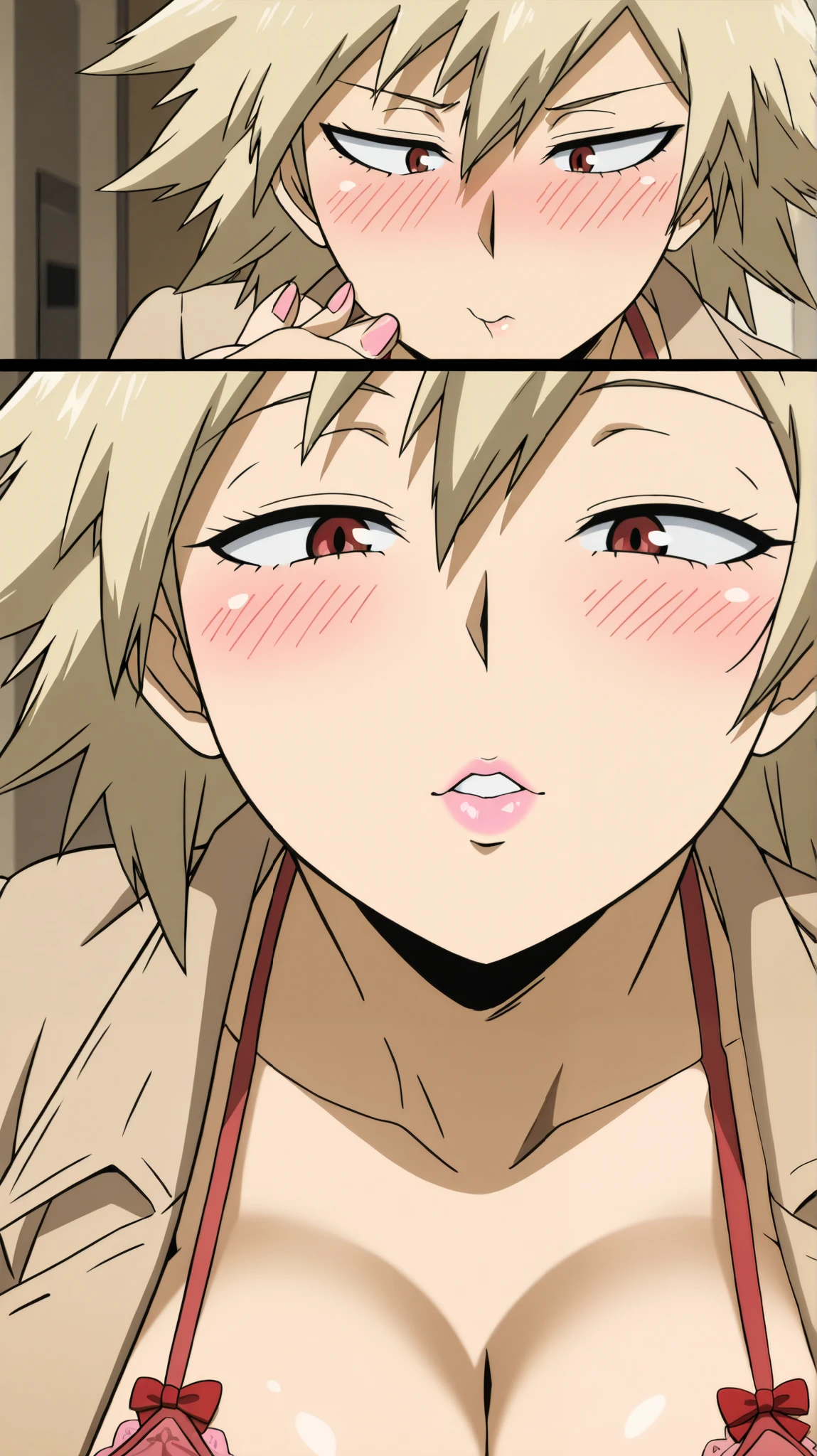 Perfect Composition, anime screen cap, anime coloring, very beautiful, zPDXL, m1tsuk1il, 1 girl, Mature women, halter neck, looking at viewers, fascinating, huge breasts, sullen, blush, trench coat, red bow bra, sunglasses, pink gloss lip, hotel bedroom, kiss, kissing, Pov, (extreme close-up face:1.2)