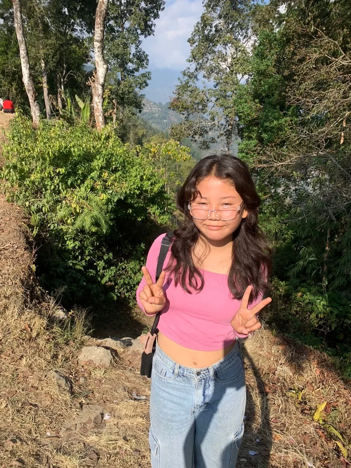Beautiful filipina, ((in the dim place, in the deep forest, near the river, mountains, dark hour of down)), (((round face))), (blush, open mouth), (eccentric pose, showing off her light pubic hair and genitals, large areolas, swollen nipples, glossy lips), stylish eye glasses, (young woman, ribbon, thick braid, pleated skirt, summer shirt, school bag),