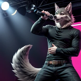 rytlock, detailed face, tail, black t-shirt, pants, singing, microphone, stage, music, band, pose, by rov, by meesh, realistic, (vangogh:1.1), detailed, vivid, 4k <lora:Rytlock-06:1> <lora:Furtastic_Detailer:1>