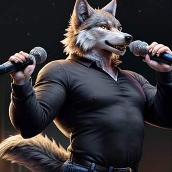 solo,(obstagoon, pokemon, red eyes ), male, ( muscular), singing, happy, open mouth , concert, microphone, (soft shading),(digital flat colors), 4k,hi res , UHD, ( detailed illustration) , masterpiece, 