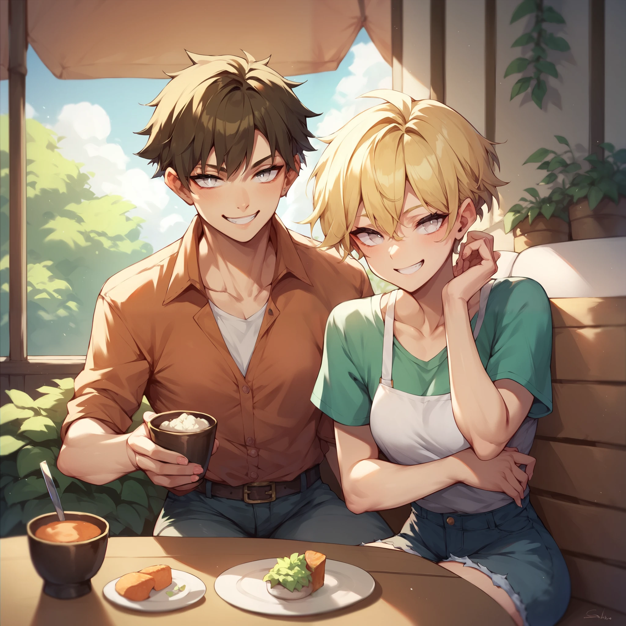 Heartwarming Moments:

A heartwarming scene of two characters sharing a meaningful moment, such as Lena and Ethan reconnecting or Mason and Olivia having a conversation.
The background can subtly show the interior of the cafe, with warm colors and soft lighting.