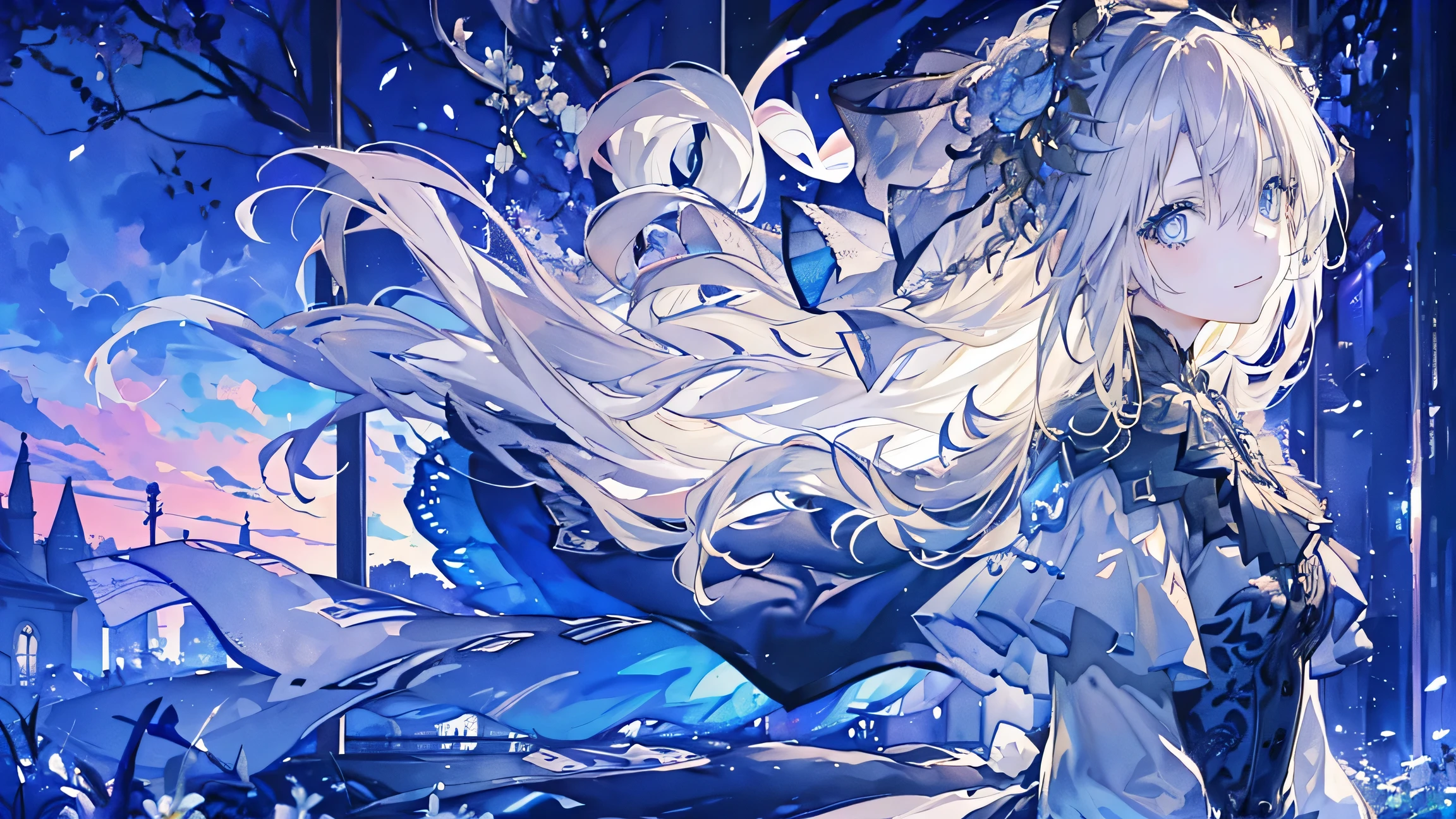 ((super detailed),sky background,beautiful clouds,The light from the back window is backlit.,element,Watercolor pattern in calm colors),(watercolor texture), ((1 girl),long gray hair,blonde hair,blue eyes,adorable,Angelic),light smile,lolita prostitute,best image quality , lonely
