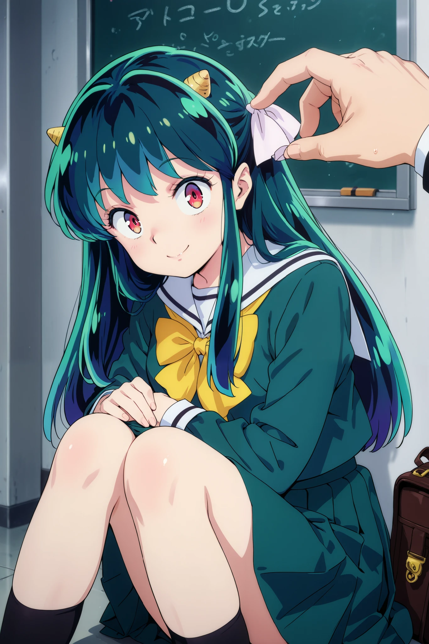 The season is spring, Urusei Yatsura Ram-chan, red eyes, blue eye shadow, blue eye shadow, long dark green waist length hair, 1cm triangle horns on the side of the head, skirt to the knees, uniform color is white, ribbon is yellow, smile with great joy, bag in one hand, go to school