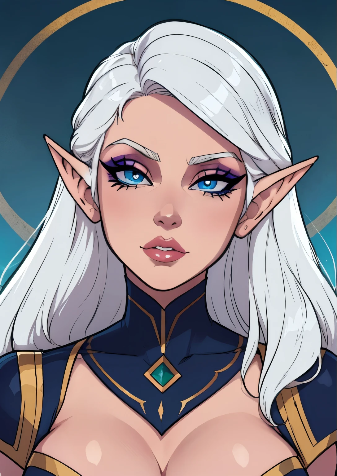 masterpiece, best quality, 1female, beautiful, face portrait, deep makeup, 1girl, face focus, makeup, white hair, eyeliner, exaggerated makeup, nyantcha, cell shading, elf, blue eyes