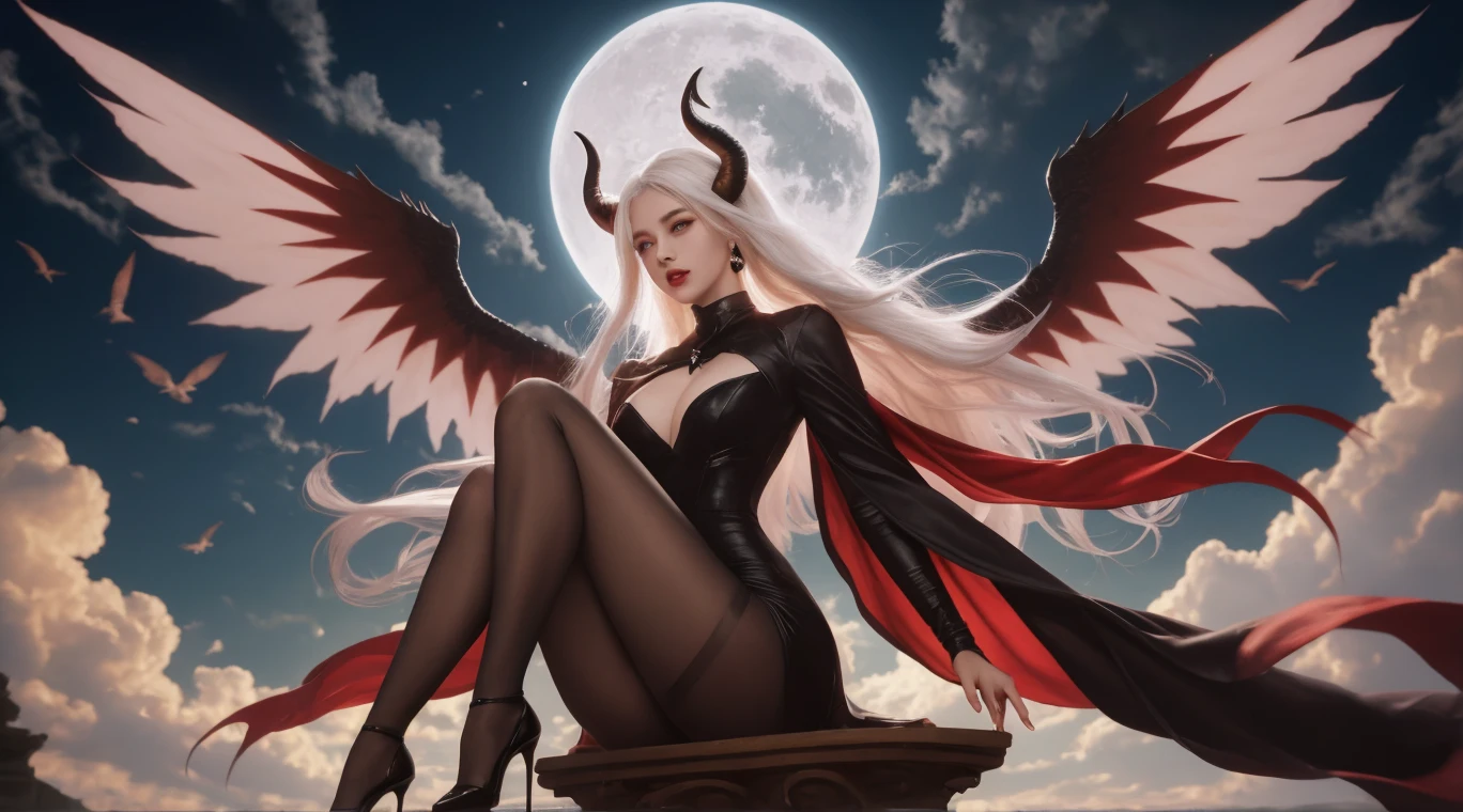 （（（1girlhugebreasts））），Anime girl sitting on a throne，Flowing optical illusion， Grey marble surface、（（Devil's wings on the left，Angel's wings on the right））、（The Eternal Goddess fuses with the Abyss Demon）、（8K， hdr， RAW photos， best quailty， tmasterpiece：1.2）、 alluring succubus， （（（（（beauitful face，facial closeups，Gray eyeliner：0.7，whaite hair， paleskin，Two-color pupil eyes）））），perched on a cloud，Outside the，（Fantasy illustration：1.3），3D art，red shift render，a raytraced image，generative art，captivatinggaze，captivating posture，otherworldly charm，mystical sky，pastelcolor，（detailed cloudscape：1.2），（A high resolution：1.2）Dark red succubus horn、Devil's Tail，（Feet，One with white stockings on the feet，Wear black stockings on one foot）the moon in the background，the night，darkly，As estrelas