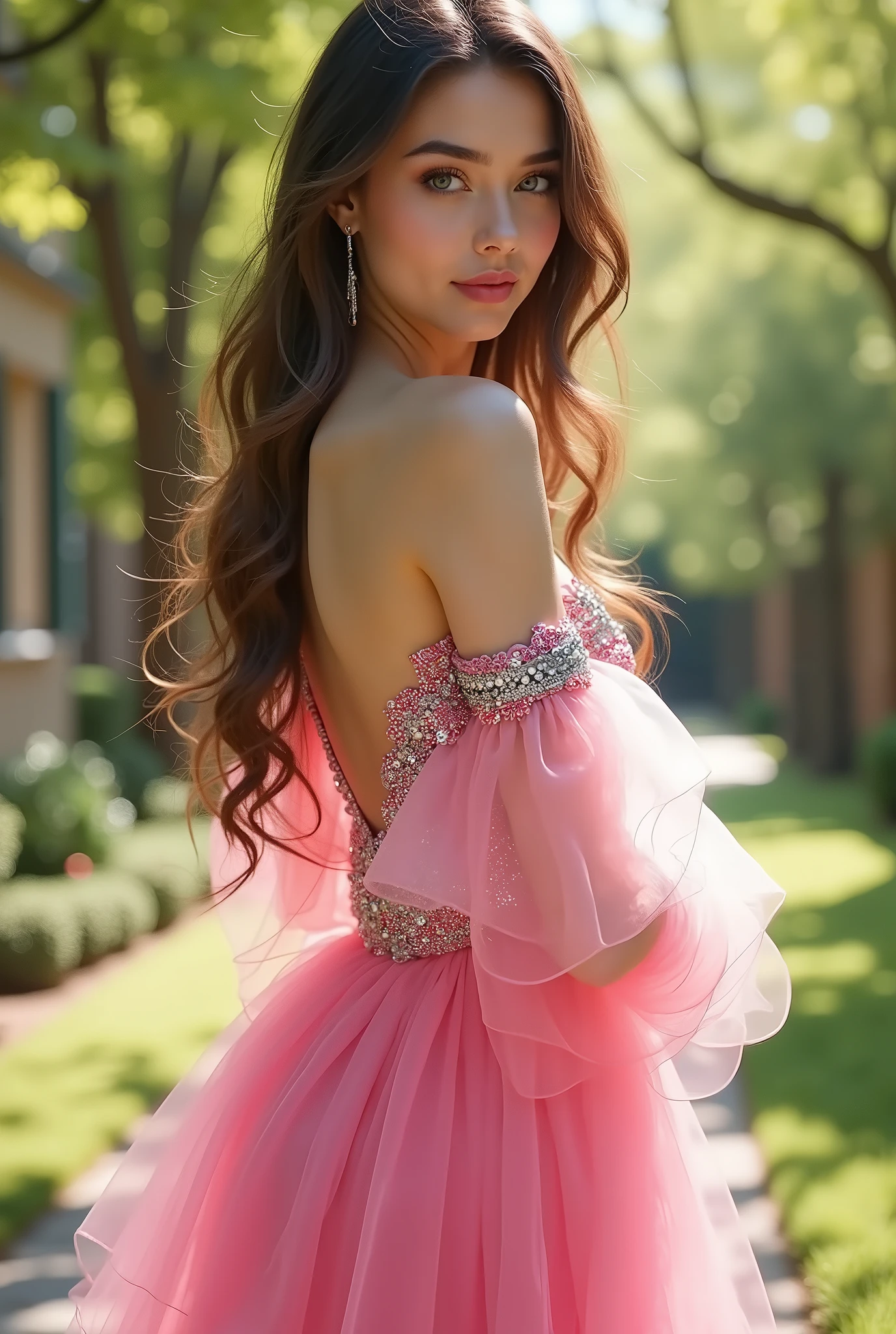 ((RAW photo), absurd, (absurdresolution)), masterpiece, best quality, (best shadow), beautiful detailed glow, hyperrealism, (best shadow), Realistic lighting, beautiful detailed glow, ((looking at viewer, slightly bent leg,)), (attractive), 21 years old, (New elegant traditional pink persian dress, vivid colors, shiny sequin, tulle), (arrogant pose), (midday, oak garden), ((from below, Photographic Perspective)). «SunPuma S»