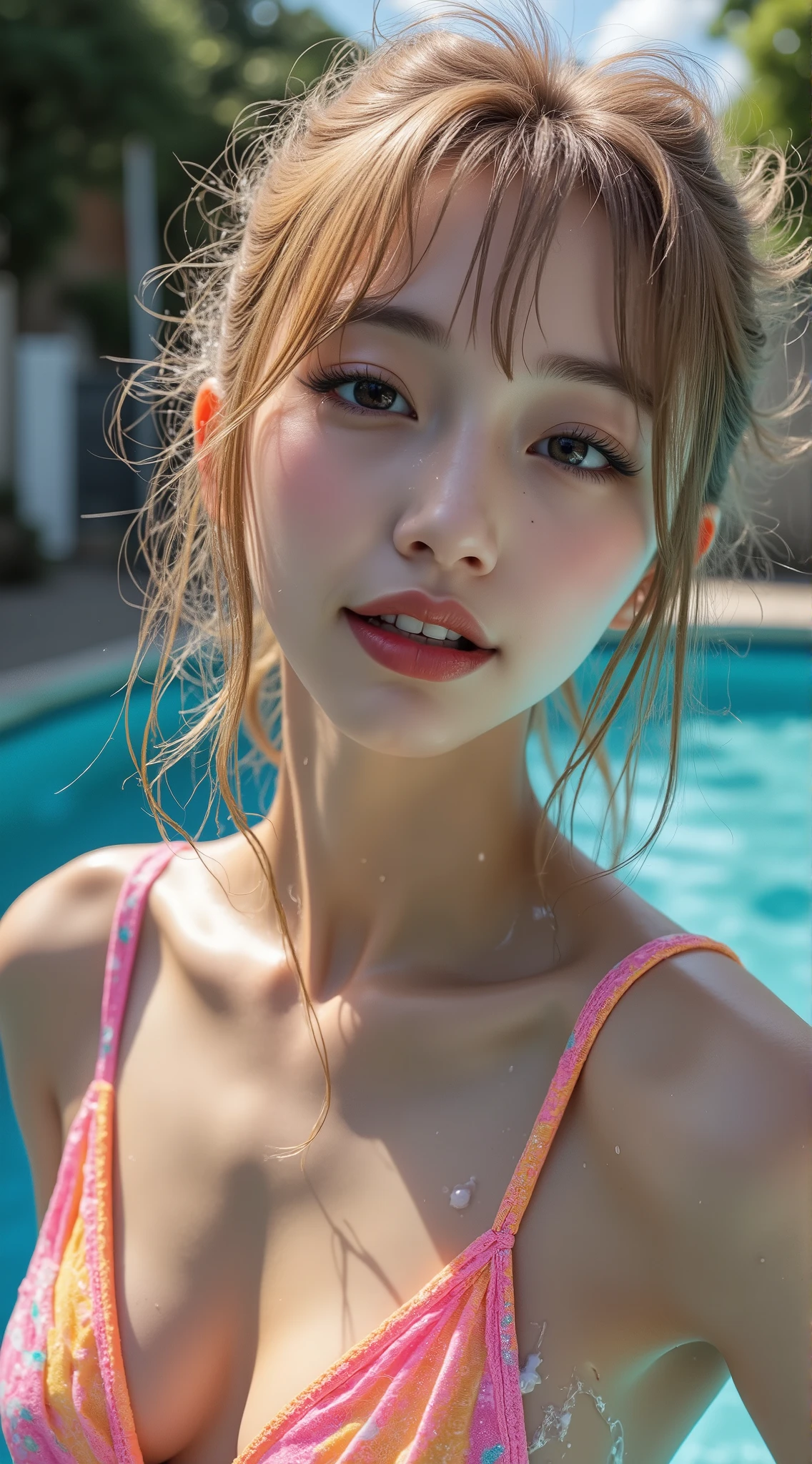 Realistic (photorealistic Realism), (high resolution), ((intricately detailed digital art)), professional photography, ((portrait)),(a cute and very beautiful, 1 Japanese girl, famous Japanese Kpop idol:1.3), (ultra realistic texture details: velvety skin, hair),(close-up of her eyes),((sharp focus, no blurry eyes, high resolution, absurd quality, Realistic brown_eyes:1.4),intricately detail:1.35),((extremely fine details eyes))((extra narrow eyebrows))(extremely fine details pupils).,((focus on the face, open mouth, joyful expression)),((perfect dark_eyeshadows:1.4)),(apply glossy red_lipstick:1.3),(perfect proportions:1.2),(anatomically correct), perfect female body, full bodyesbian, ((Beautiful long legs in good style:1.35)), ((no bra, no panties:1.3)), (medium butt), (skinny body build),(perfect hot model body:1.4), ((slim belly: 1.2)), (muscular body), (Beautiful bikini, made of PVC ribbon), ((Micro Slingshot Swimsuit: 1.25)), ((Wear Micro Sling Made of ((ultra Narrow,, Sparkly neon)), Tight, PVC Ribbon: 1.3)), ((Golden Hair,Long Hair,two side up,Crossed bangs,between hair)), ((Sunny fun on the AquaLoop water slide)), ((Big AquaLoop water slide)), ((Sunny fun on the AquaLoop water slide)), ((wet scene, due to water splashes, ((lightning, dynamic pose, beautiful and detailed water-soaked hair, clothes)), ((water droplets on the body, water flowing from the hair onto the body:1.2))).,, dslr, high quality split lighting, sharp focus captured by Fujifilm XT3, f 5.6,(perfect composition),((look at the viewer)), (((FULL BODY:1.35))),