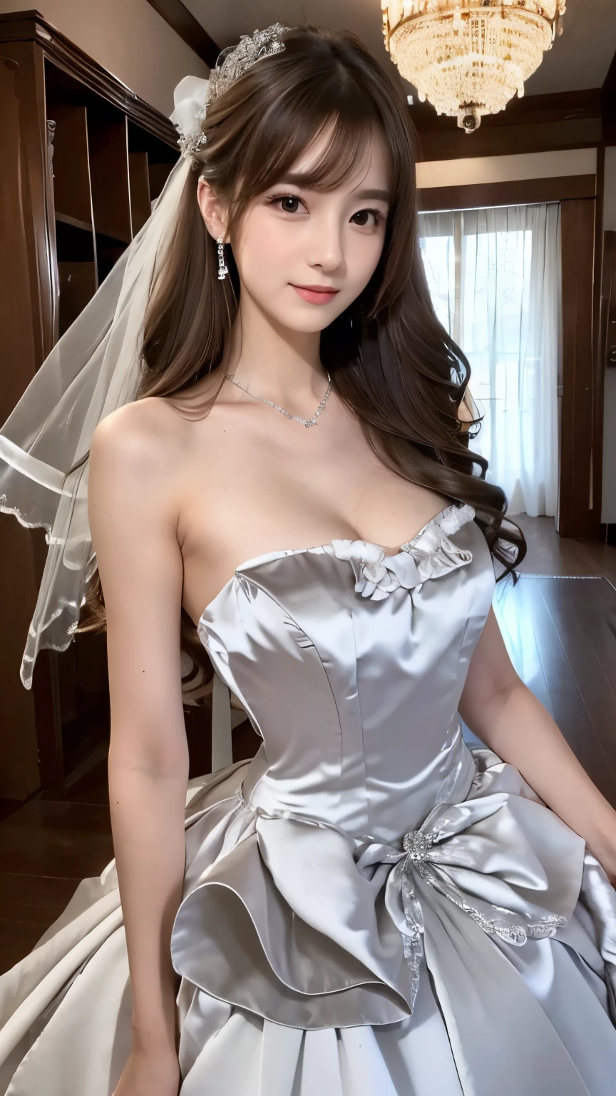 (((masterpiece:1.4, Best Quality:1.4, 8K, ultra high res, Physically Based Rendering))), Portrait, flat lighting, ultra Beautiful Sexy Woman, 24yo, no makeup, Detailed large eyes, detailed thin eyebrows, Highlights in the eyes, (long straight hair with curled end), Highly detailed facial and skin texture, Clear focus:1.2, Slender beauty:1.4, (((gigantic breasts:1.8, breasts that are about to bursts:1.2, beautiful breasts))), slim abs, narrow waist, slim and long beauty legs, ((Standing with facing forward, spread legs wide:1.9)), (smile, drooling:1.4, open mouth:1.4, looking at viewer), ((off shoulder wedding dress:1.4)), ((dress lift:1.6)), ((detailed beautiful pussy exposed:1.2, spread pussy:1.4, pubic hair:1.7)), ((black fishnet stockings:1.2)), ((night view of skyscrapers:1.4, On a luxurious bed:1.4)),