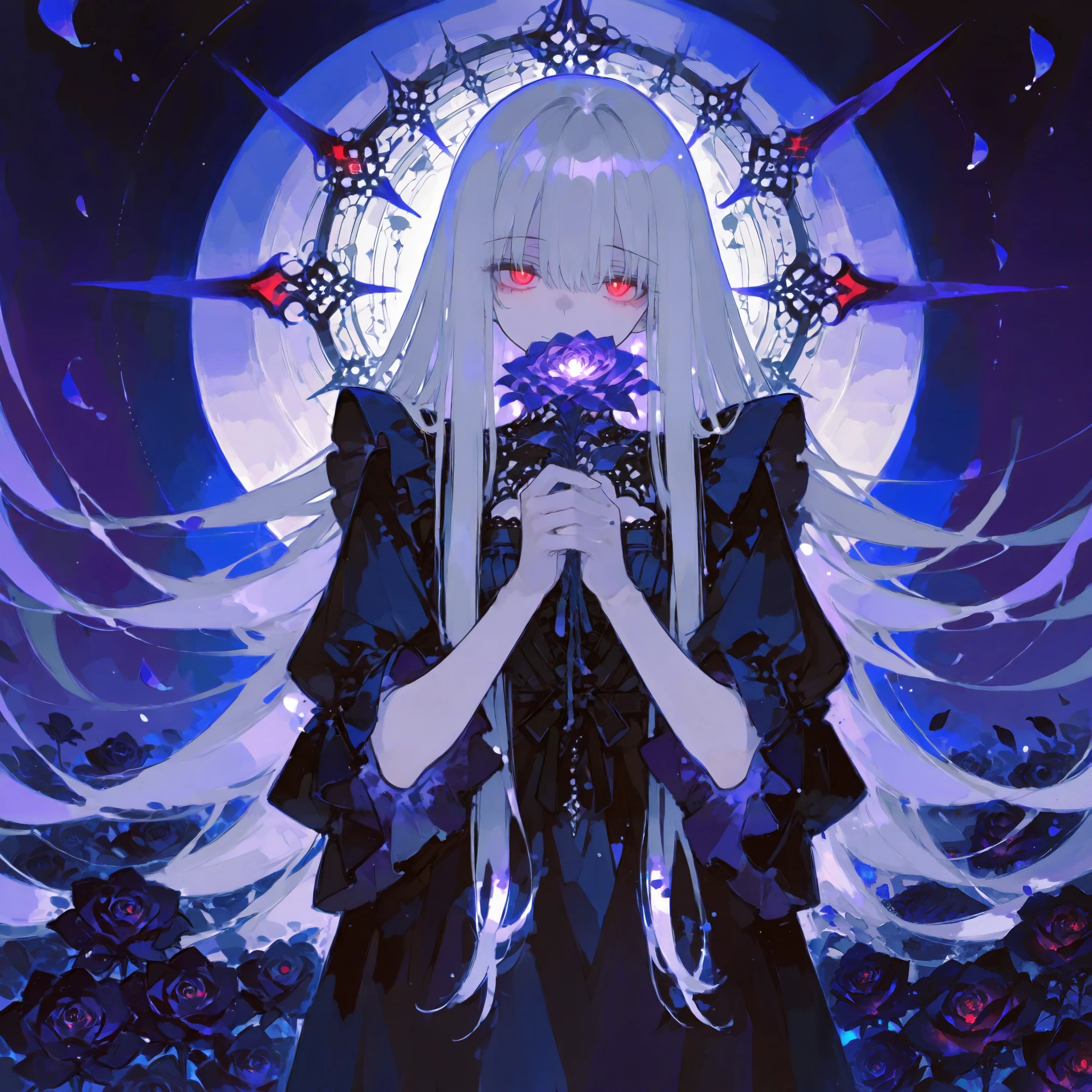 masterpiece, best quality, ultra-detailed, 748cmstyle,a young girl with long silver hair and bright red eyes is standing in a moonlit garden, surrounded by dark roses and floating petals, her dark outfit is frilled and flows elegantly as she reaches out with one hand, holding a bouquet of glowing flowers in the other, the petals around her swirl with a magical energy, softly glowing in purple hues, the moonlight casts long shadows across the garden, and the atmosphere is serene but filled with quiet power, her expression is soft and mysterious, as if she knows something hidden within the night.