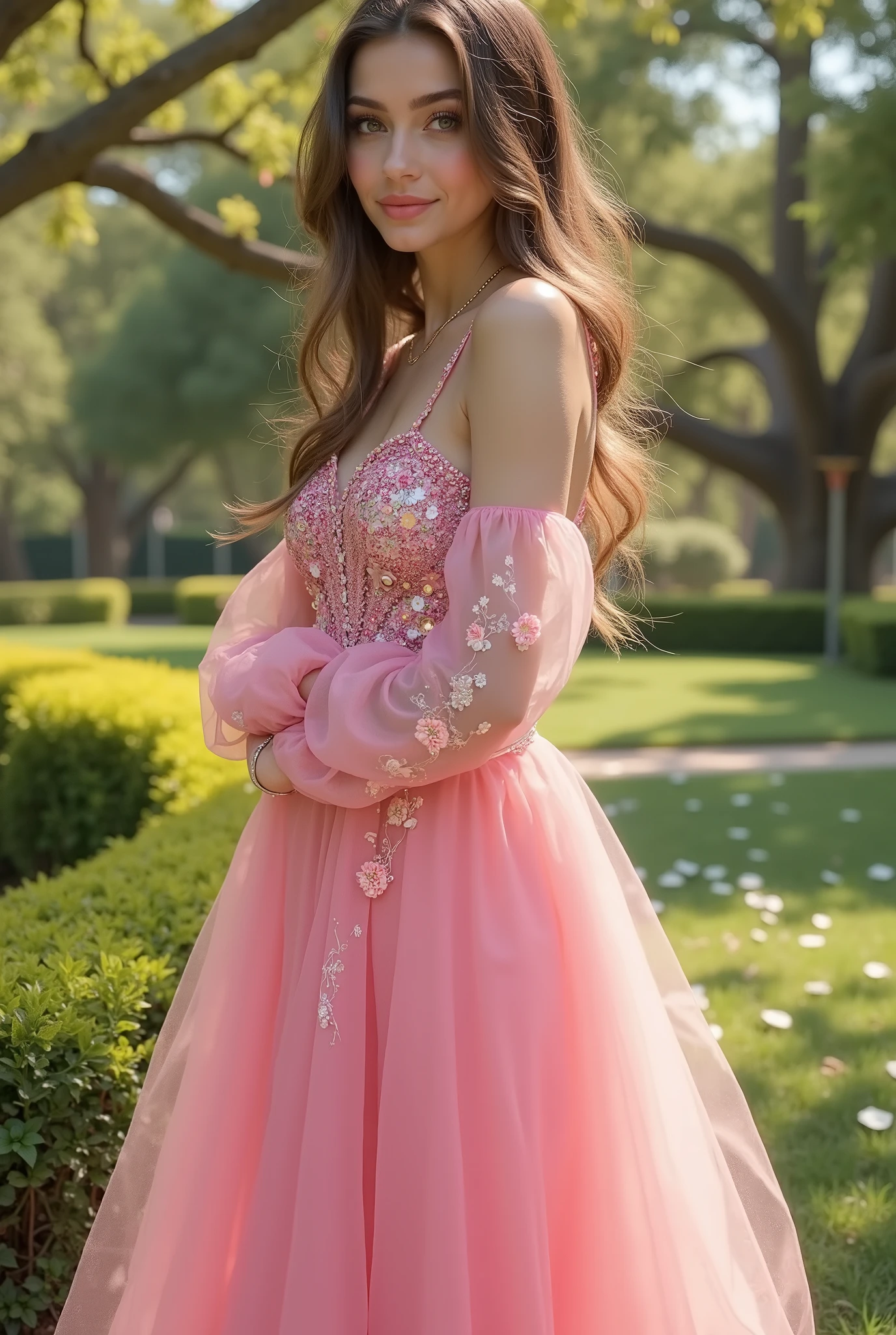((RAW photo), absurd, (absurdresolution)), masterpiece, best quality, (best shadow), beautiful detailed glow, hyperrealism, (best shadow), Realistic lighting, beautiful detailed glow, ((looking at viewer, slightly bent leg,)), (attractive), 21 years old, (New elegant traditional pink persian dress, vivid colors, shiny sequin, tulle), (arrogant pose), (midday, oak garden), ((from below, Photographic Perspective)). «SunPuma S»