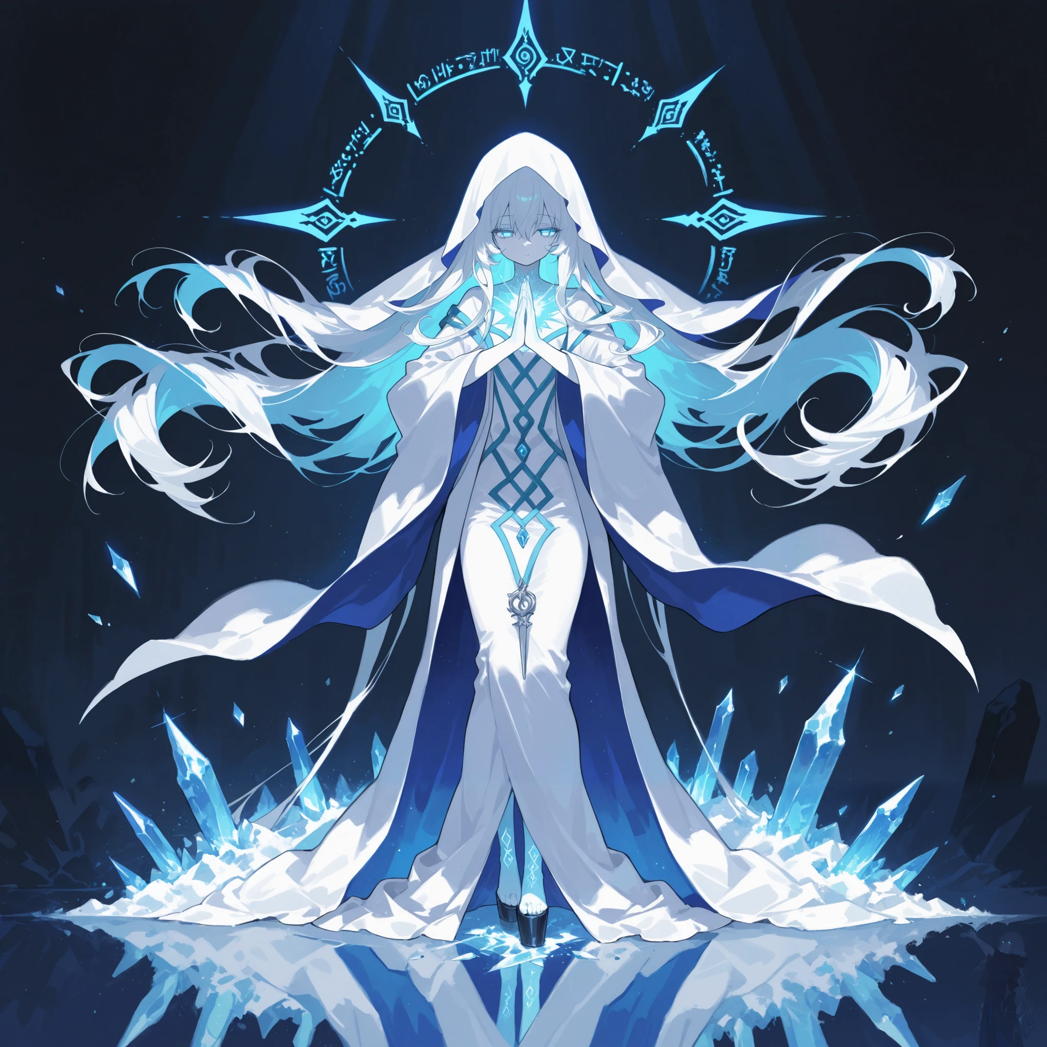 masterpiece, best quality, 8k, highres, ultra-detailed, HDR, UHD, studio lighting, ultra-fine painting, sharp focus, physically-based rendering, extreme detail description, professional,748cmstyle,darkgothic,BREAK,
A high priestess of ice magic, with long, flowing hair the color of snow, stands on a raised platform of ice, her arms extended outward as she summons a blizzard, her robes are layered and flowing, in shades of blue and silver, embroidered with ancient runes that pulse with a cold energy, her eyes are wide open, glowing an icy blue, as she calls forth the storm, the wind whips around her, causing her hair and robes to dance wildly, sharp shards of ice form in the air around her, swirling like a deadly storm, beneath her, a circle of acolytes bow in reverence, their hands raised in prayer, their faces hidden by deep hoods, the scene is dynamic and fierce,crystal,with the blizzard’s force creating an overwhelming sense of power and movement.