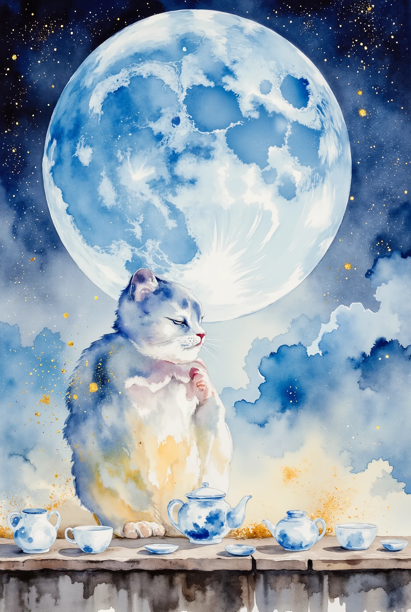 ultra detailed, absolutely resolution, masterpiece.
watercolour painting of a huge blue full moon beneath which a tea ceremony is taking place, with gold dust scattered throughout.
