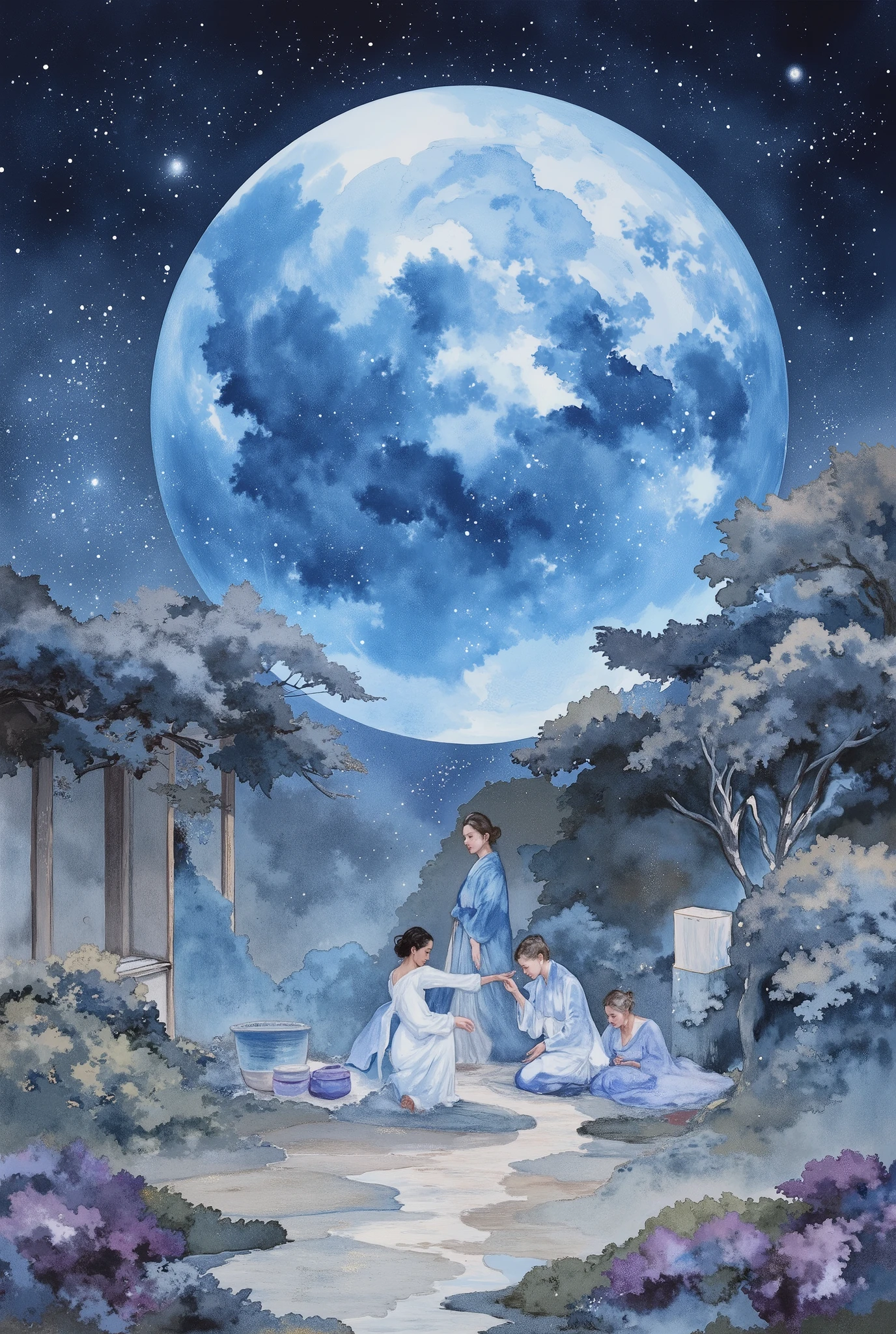 ultra detailed, absolutely resolution, masterpiece.
watercolour painting of a huge blue full moon beneath which a tea ceremony is taking place, with gold dust scattered throughout.