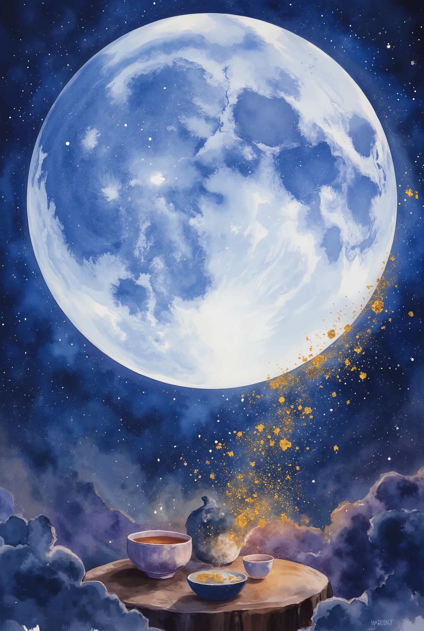 ultra detailed, absolutely resolution, masterpiece.
watercolour painting of a huge blue full moon beneath which a tea ceremony is taking place, with gold dust scattered throughout.