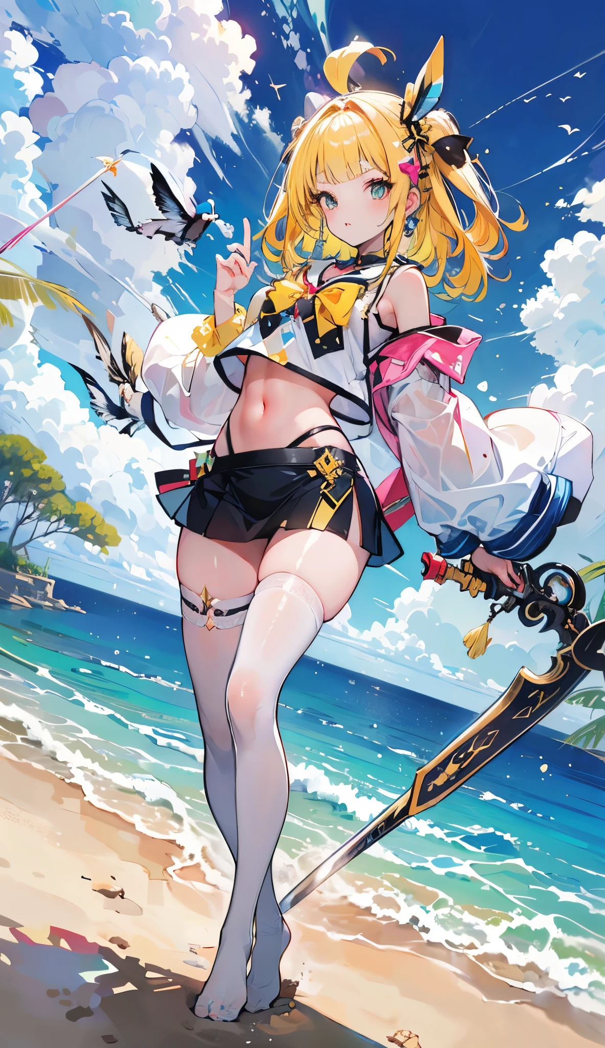 Masterpiece((tmasterpiece)),(White color blouse),((black micro skirt)),(Black transparent stockings),adolable,is shy,(Long yellow)Hair,red bowtie,long leges,(Have by the sea),(Facing the sea),Open navel,No shoes on, ((((segurando uma espada curvada))), full body