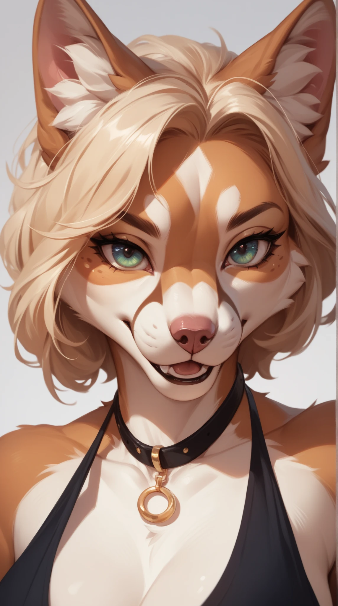 Solo, score_9,score_8_up,score_7_up, flat colors, source_furry, source_cartoon, a young female spotted hyena, brown snout, black nose, brown eyes, short spiked undercut platinum blonde hair, black lips, brown hyena tail, brown hyena ears, naked, small breasts, feminine hourglass figure, portrait, naked, front view, close up, smiling, hands up, five fingers
