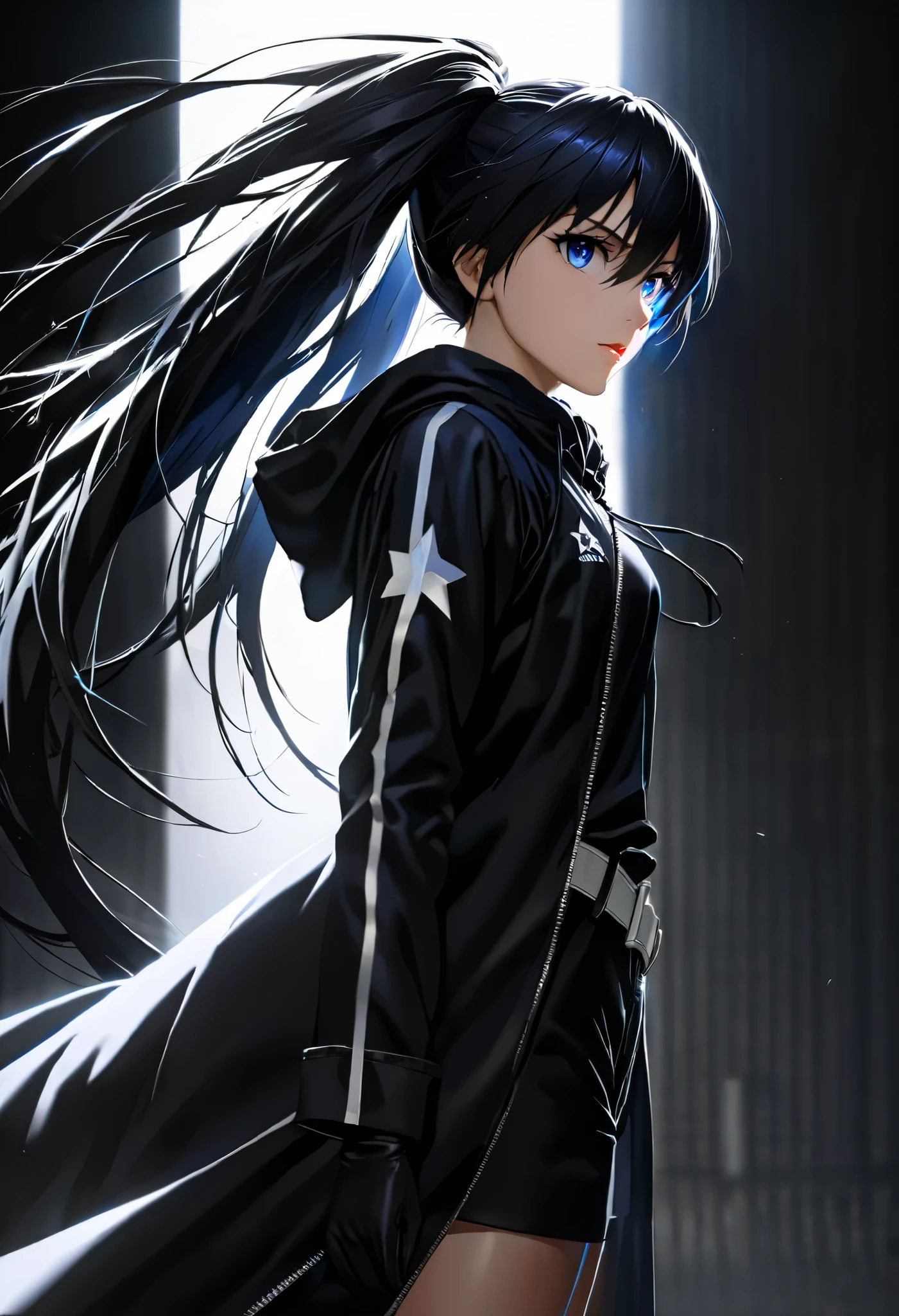 Black Rock Shooter, a fierce anime girl with glowing blue eyes and long flowing black hair, standing in a neutral pose, side view, medium shot, looking to the side. She wears her signature black gloves, black shorts with a silver belt, knee-high boots, and her long coat flowing slightly behind her. Her glowing blue eye adds a striking contrast, giving her a mysterious and intense presence. The background is a soft, blurred professional photoshoot backdrop with cinematic lighting, ensuring a polished, high-quality aesthetic. The camera captures her from the waist up, focusing on her sharp facial features, anime-style details, and flowing hair. Highly detailed anime style, smooth shading, realistic lighting, professional composition, natural light, 35mm photograph, film, professional, 4k, highly detailed, Golden hour lighting. Depth of field F2. Rule of Thirds Composition.