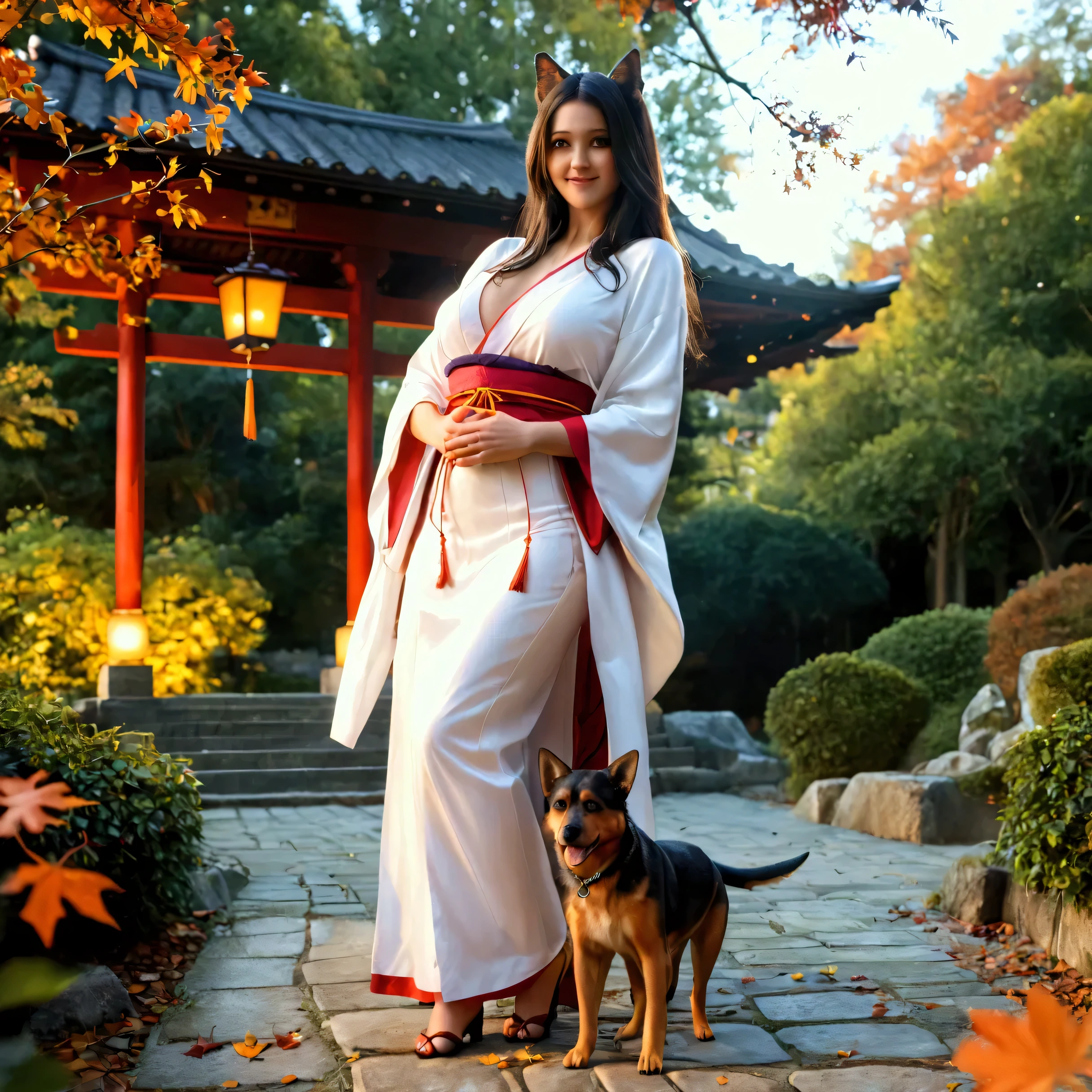 A beautiful mature woman in miko shrine maiden attire, with extremely detailed face, long flowing black hair, and dog ear-like volume lighting, standing in an autumn garden with falling leaves, (best quality,4k,8k,highres,masterpiece:1.2),ultra-detailed,(realistic,photorealistic,photo-realistic:1.37),original illustration, (shallow depth of field), solo full body, dynamic, interesting, happy expression