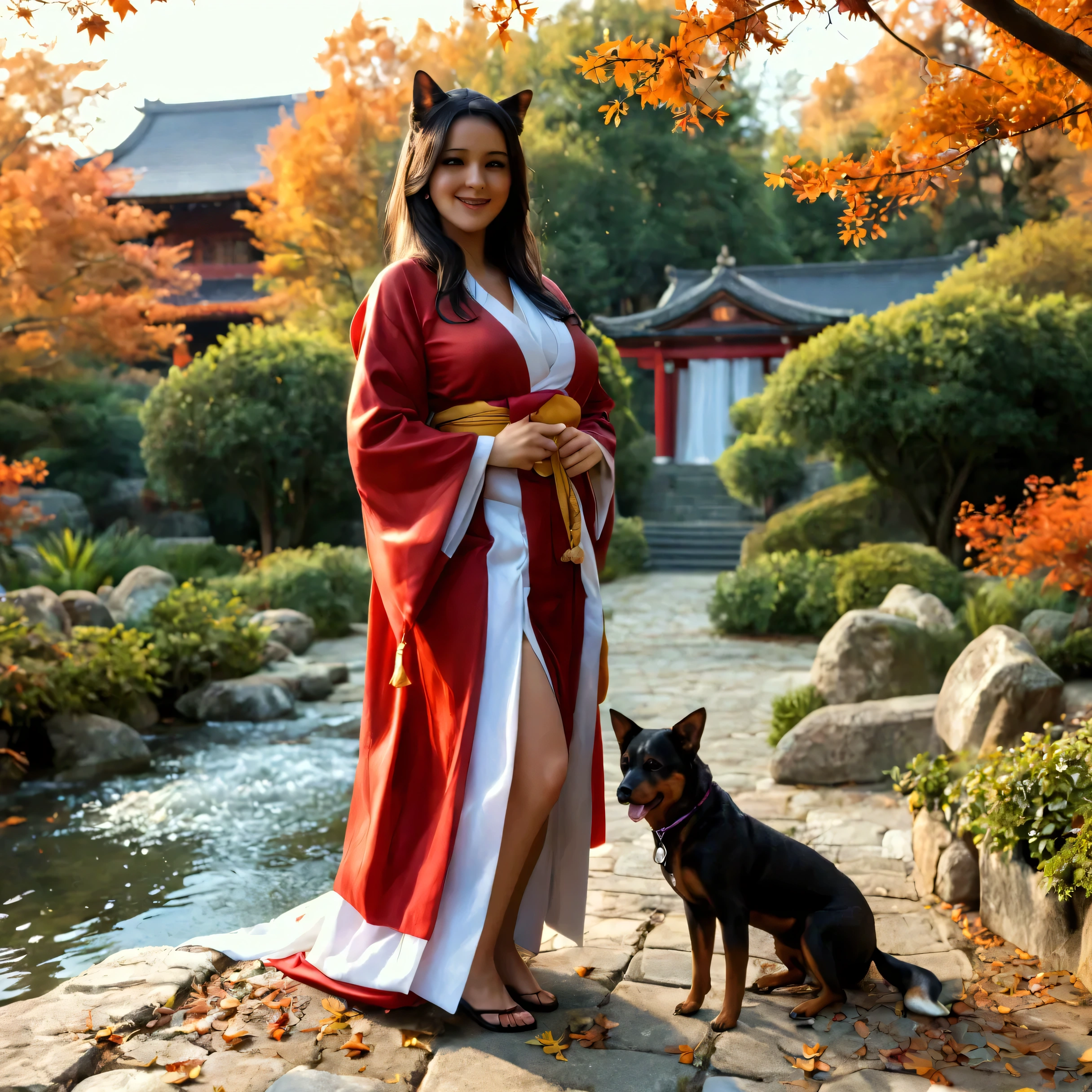 A beautiful mature woman in miko shrine maiden attire, with extremely detailed face, long flowing black hair, and dog ear-like volume lighting, standing in an autumn garden with falling leaves, (best quality,4k,8k,highres,masterpiece:1.2),ultra-detailed,(realistic,photorealistic,photo-realistic:1.37),original illustration, (shallow depth of field), solo full body, dynamic, interesting, happy expression