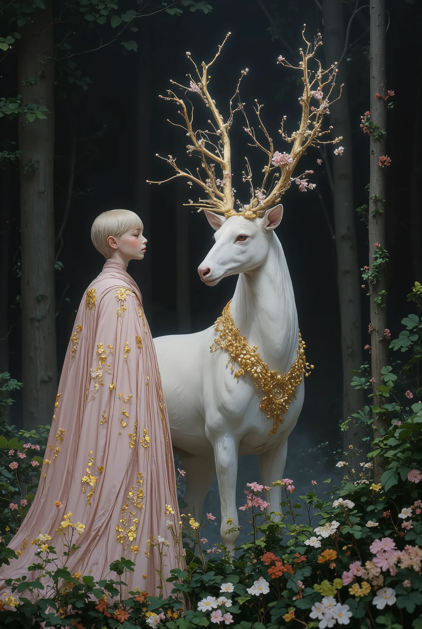 This image portrays a majestic and ethereal scene set within a mystical, foggy forest. At the center stands a stunning tall and big white stag, its snowy coat radiant and almost glowing against the muted green hues of the dense woodland. Its antlers are truly otherworldly, branching upward and outward like sacred tree limbs, adorned with delicate blossoms of soft pink, white, and pale green, intertwined with lush greenery. The stag's eyes are calm and deep, exuding wisdom and an aura of magical serenity. Beside the enchanted creature walks a handsome 20years old sorcerer, his presence as captivating as the stag itself. The sorcerer dons an exquisite rich pink wizard's robe, flowing elegantly to the ground, its fabric shimmering subtly in the soft light. The robe is adorned with intricate soft lavender floral embroidery, which weaves along the hem, cuffs, and sleeves in delicate patterns, adding a touch of refinement and magic. Beneath the buttoned-up robe , the sorcerer wears a tight creamy-yellow turtleneck outfit, the contrast adding sophistication and a modern edge to his enchanting attire. Atop his head sits a rich pink wizard's hat, tall and pointed in classic wizardly fashion. Its fabric matches the robe perfectly, with subtle floral accents that mirror the embroidery below. The hat gives him an air of both authority and whimsy, completing his magical ensemble. The sorcerer’s posture is regal yet approachable as he walks alongside the white stag. His movements are fluid, almost otherworldly, as if he and the creature share a mystical bond. The scene is bathed in dappled light filtering through the trees, casting soft beams onto the forest floor and catching on the sorcerer’s rich robes, making the floral embroidery shimmer faintly. The forest itself is quiet and dreamlike, with a soft mist hanging low, accentuating the enchanted atmosphere. The trees tower above, their dark trunks contrasting with the pale green leaves and glowing patch