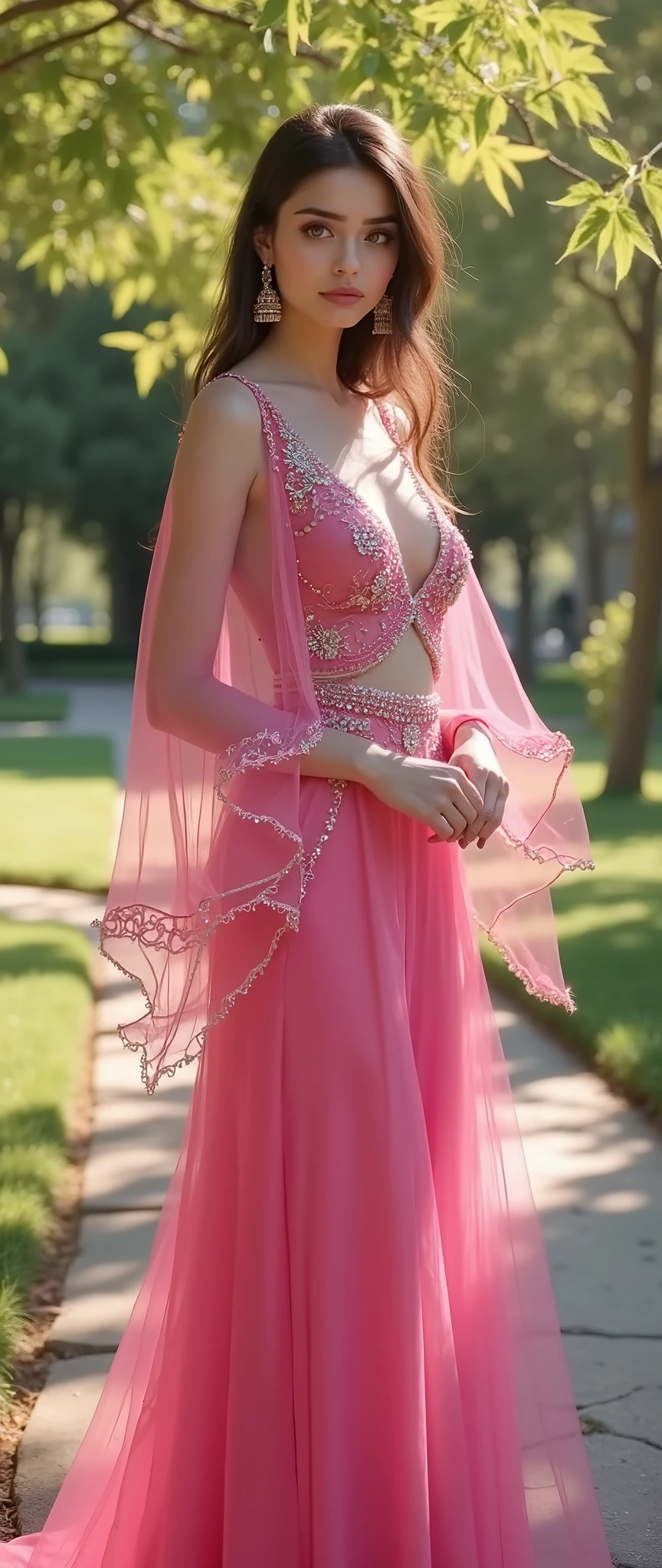 ((RAW photo), absurd, (absurdresolution)), masterpiece, best quality, (best shadow), beautiful detailed glow, hyperrealism, (best shadow), Realistic lighting, beautiful detailed glow, ((looking at viewer, slightly bent leg,)), (attractive), 21 years old, (New elegant traditional pink persian dress, vivid colors, shiny sequin, tulle), (arrogant pose), (midday, oak garden), ((from below, Photographic Perspective)). «SunPuma S»