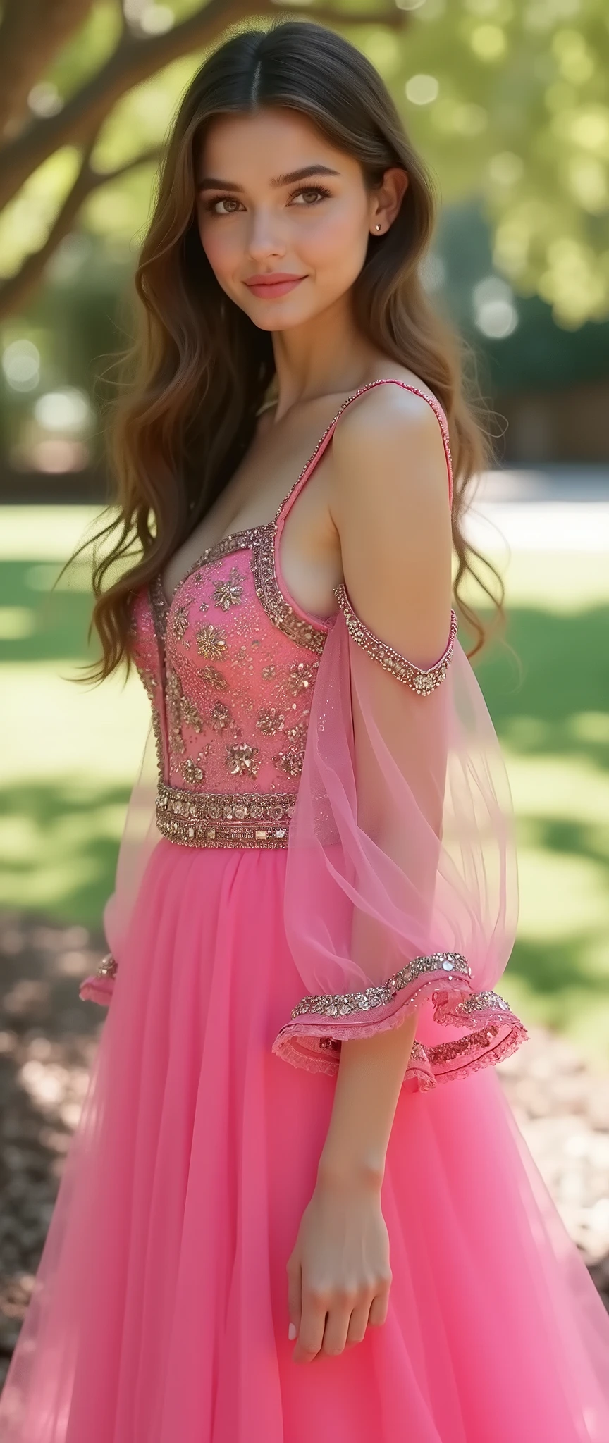 ((RAW photo), absurd, (absurdresolution)), masterpiece, best quality, (best shadow), beautiful detailed glow, hyperrealism, (best shadow), Realistic lighting, beautiful detailed glow, ((looking at viewer, slightly bent leg,)), (attractive), 21 years old, (New elegant traditional pink persian dress, vivid colors, shiny sequin, tulle), (arrogant pose), (midday, oak garden), ((from below, Photographic Perspective)). «SunPuma S»
