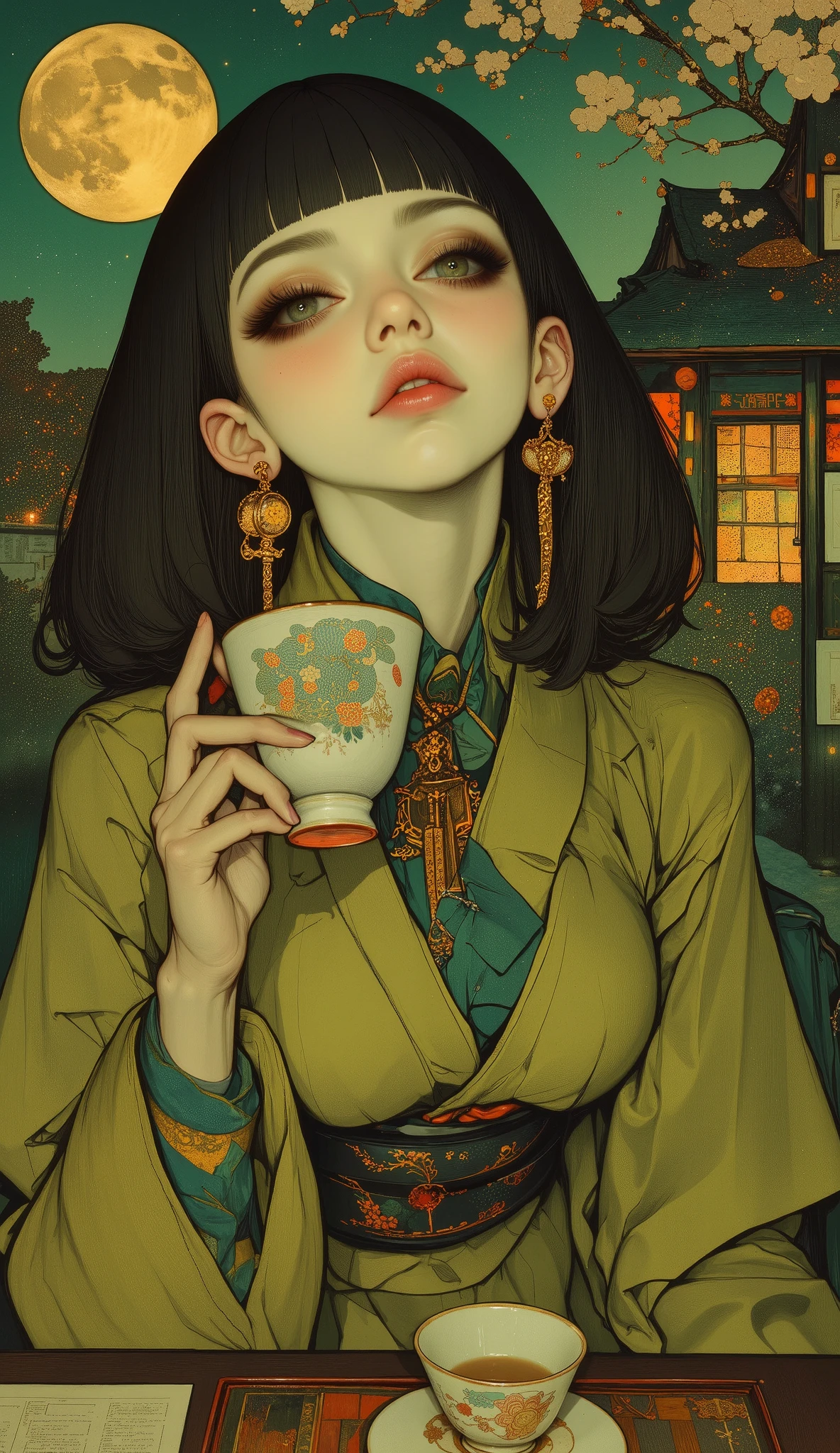 plano gran general toma alejada de la cámara:1.5, A woman in an olive green outfit posing for a photo, high tech futuristic woman, moonlit tea ceremony, (best quality,4k,8k,highres,masterpiece:1.2),ultra-detailed,(realistic,photorealistic,photo-realistic:1.37),intricate detailed porcelain teacup,elegant ornate kimono,beautiful detailed eyes,beautiful detailed lips,extremely detailed eyes and face,long eyelashes,dramatic lighting,cinematic composition,moody atmosphere,vibrant colors,glowing moonlight,delicate cherry blossoms,traditional Japanese architecture