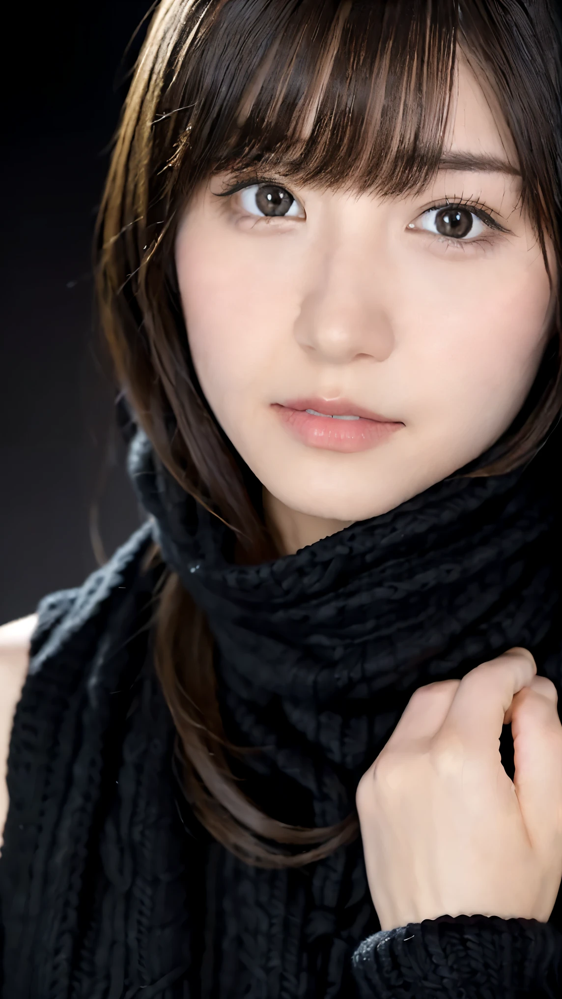 1 Japanese Girl ,( black sweater that has been hit:1.4),( she wears a knitted snood around her neck to hide her chin......:1.5), ( RAW Photo , highest quality), ( by Nomi, photorealistic:1.4), Masterpiece, very delicate and beautiful , extremely detailed, 8k wallpapers, wondrous, Finely Details, highly detailed CG unity , high resolution, Soft light, Beautiful detailed 19 year old, very detailed eyes and face, beautiful detailed nose , beautiful detailed eyes, Cinematic Lighting,City lights at night, perfect anatomy, slender body, smiles ( hair is disheveled, asymmetrical bangs that grab the chest , light brown hair ,)