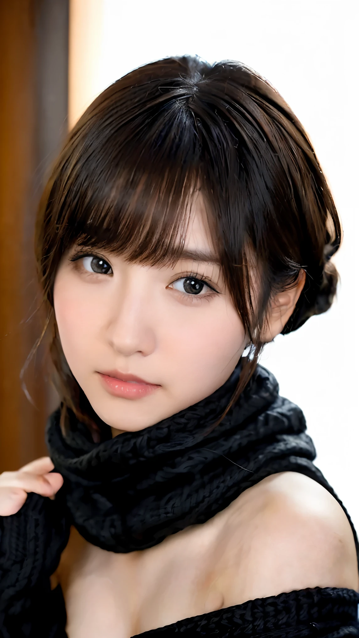  1 Japanese Girl ,( black sweater that has been hit:1.4),(  she wears a knitted snood around her neck to hide her chin......:1.5), ( RAW Photo ,  highest quality), ( by Nomi,  photorealistic:1.4),  Masterpiece,  very delicate and beautiful ,  extremely detailed,  8k wallpapers, wondrous,  Finely Details,   highly detailed CG unity ,  high resolution, Soft light, Beautiful detailed 19 year old,  very detailed eyes and face,  beautiful detailed nose ,  beautiful detailed eyes, Cinematic Lighting,City lights at night, perfect anatomy, slender body, smiles  ( hair is disheveled,   asymmetrical bangs that grab the chest ,   light brown hair ,)