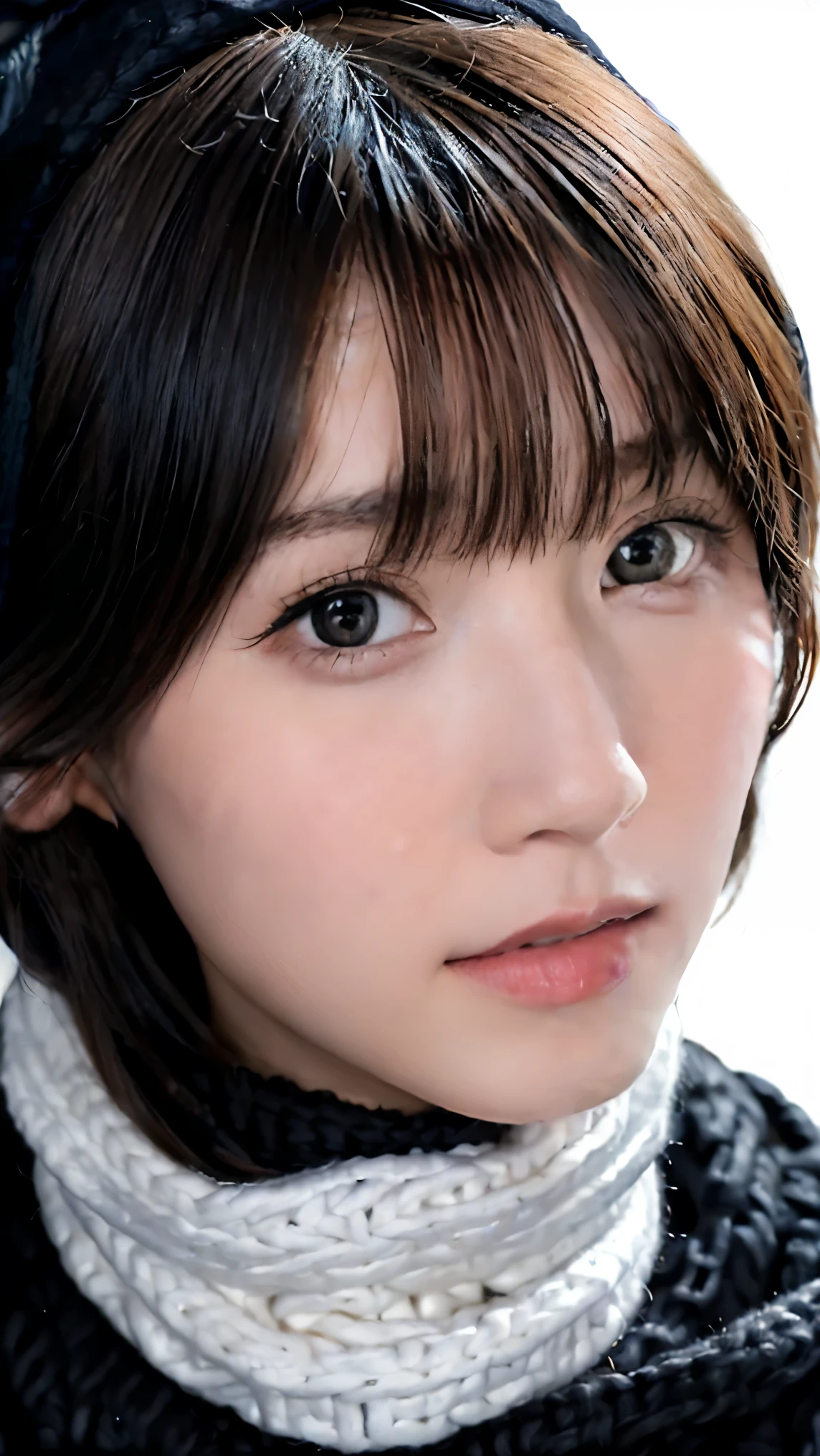 1 Japanese Girl ,( black sweater that has been hit:1.4),( she wears a knitted snood around her neck to hide her chin......:1.5), ( RAW Photo , highest quality), ( by Nomi, photorealistic:1.4), Masterpiece, very delicate and beautiful , extremely detailed, 8k wallpapers, wondrous, Finely Details, highly detailed CG unity , high resolution, Soft light, Beautiful detailed 19 year old, very detailed eyes and face, beautiful detailed nose , beautiful detailed eyes, Cinematic Lighting,City lights at night, perfect anatomy, slender body, smiles ( hair is disheveled, asymmetrical bangs that grab the chest , light brown hair ,)