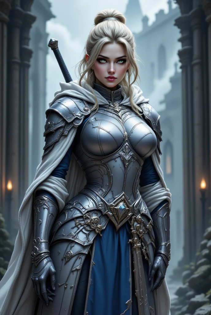 ```
silver-haired female warrior, acrobatic pose, dynamic movement, fantasy setting, detailed armor, flowing cape, intense expression, high quality, cinematic lighting, epic scene
```High resolution, masterpiece, accurate, Highest quality, High detail, Very detailed, One person, Long Hair, blue eyes, Big Breasts