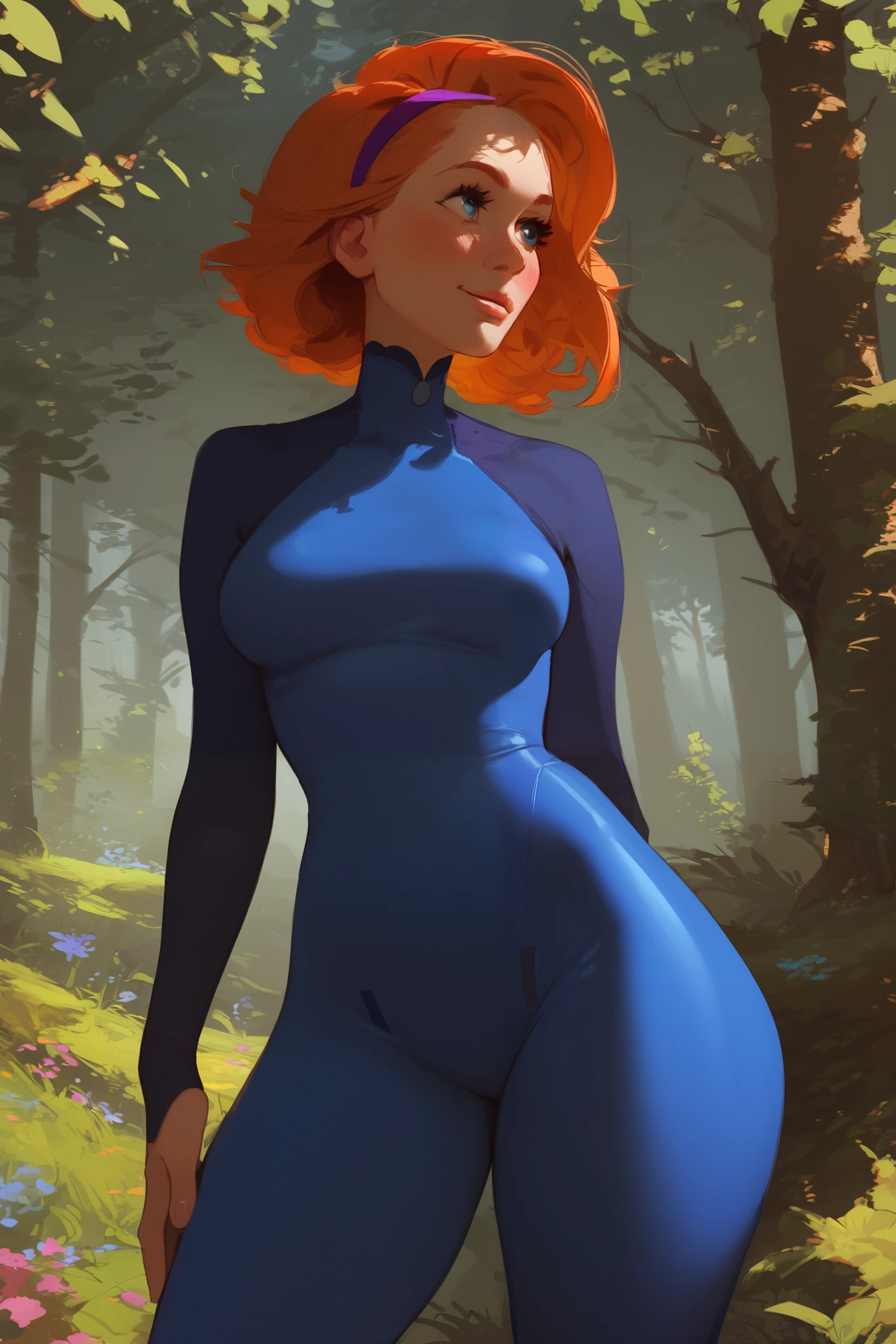 1 , breasts, not, alone, Hairband, blue_eyes, wide_breasts, unitard, First_Tight, seamless, looking for_No_viewer, outdoor, forest, lips, Noite, far away_Hair, orange_Hair, smiling, thick_thighs, average_Hair, standing, Blush, curve, purple_Hairband, _quadris,