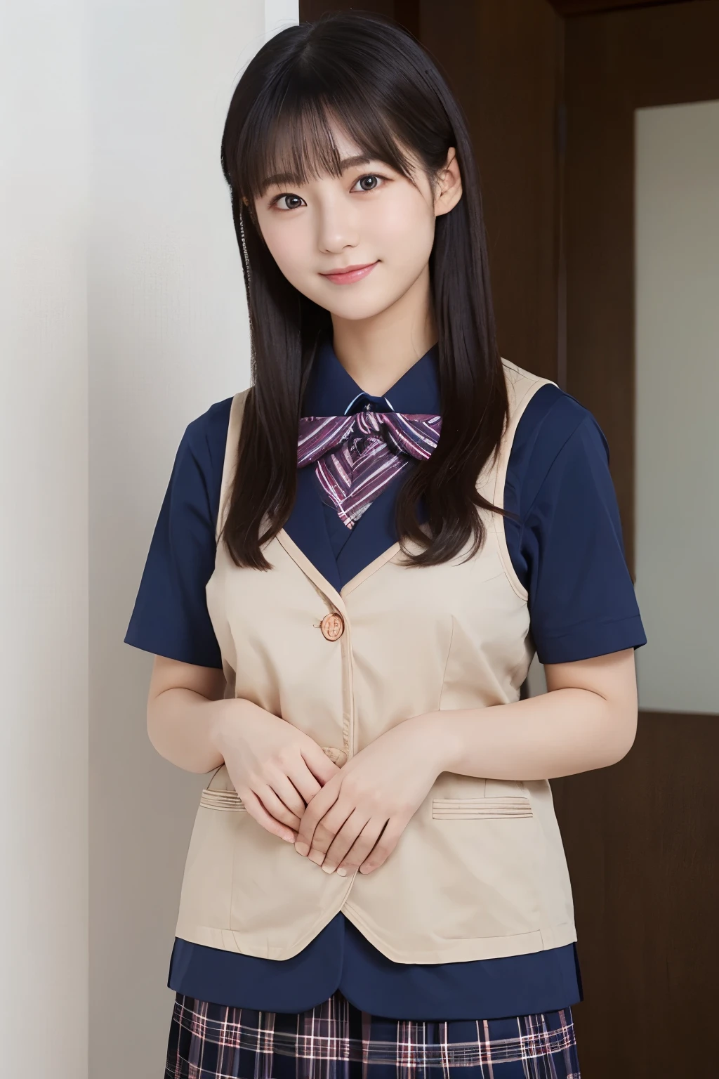    TOP QUALITY,     Focus on the Face   ,  Soft light,       ultra high resolution, (    photorealistic  :1.4),       loop   ,     1 Japanese Girl    ,   alone,     cute, (       embarrassing smile:0.5), (    brown eyes,   Light in your eyes),     Fine and beautiful head , (    small breasts), (  high-resolution realistic human skin texture), (    short bob), break,   ,        navy blue sailor suit   , vest,     skirt