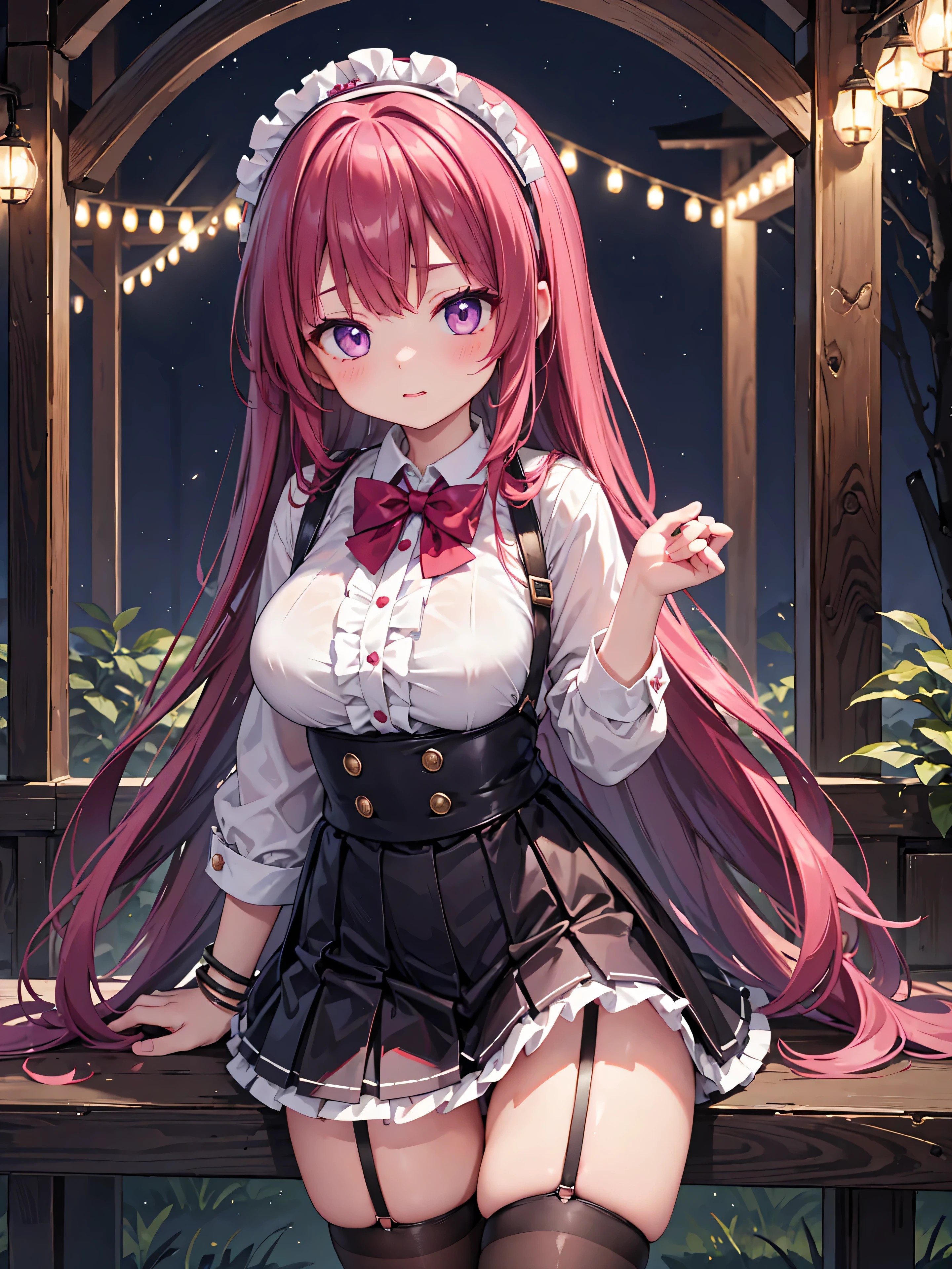 Highly detailed, high quality, masterpiece, beautiful, (all photo shooting), girl student girl, perfect eyes, purple eyes, clear eyes, blushing face, kissing, big thighs, medium breast, long hair, red hair, with bracelet in hand, bow in hair, flower headband, wearing western schoolgirl outfit, with black stockings, short mini skirt, sexy, background image in a night forest