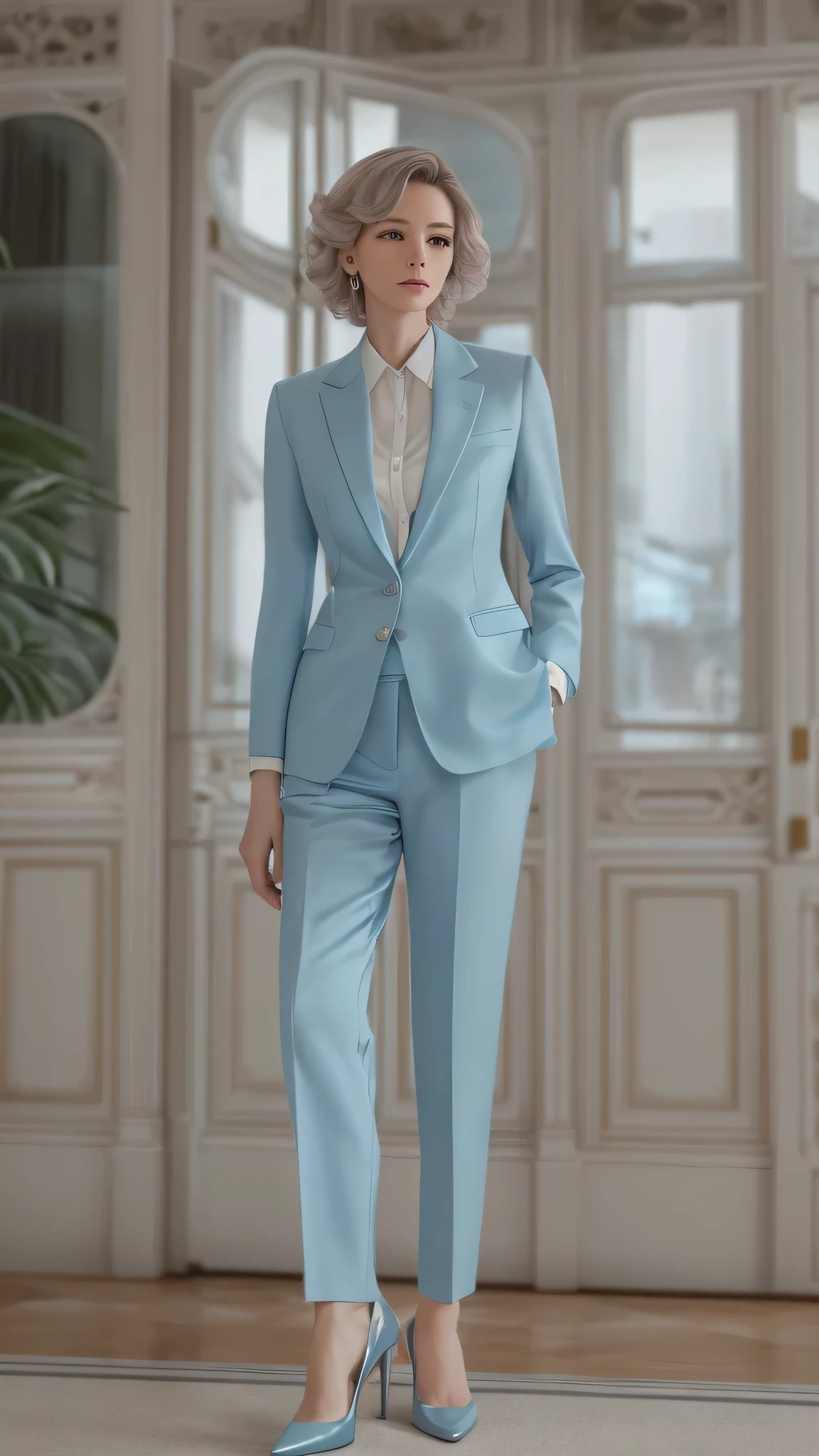 highdefinition images、 a woman in a pastel blue suit , born, 8k, Ultra High Resolution, Frank, amateur , close, (( A woman in Armani clothes 、 thinks she made a big mistake))