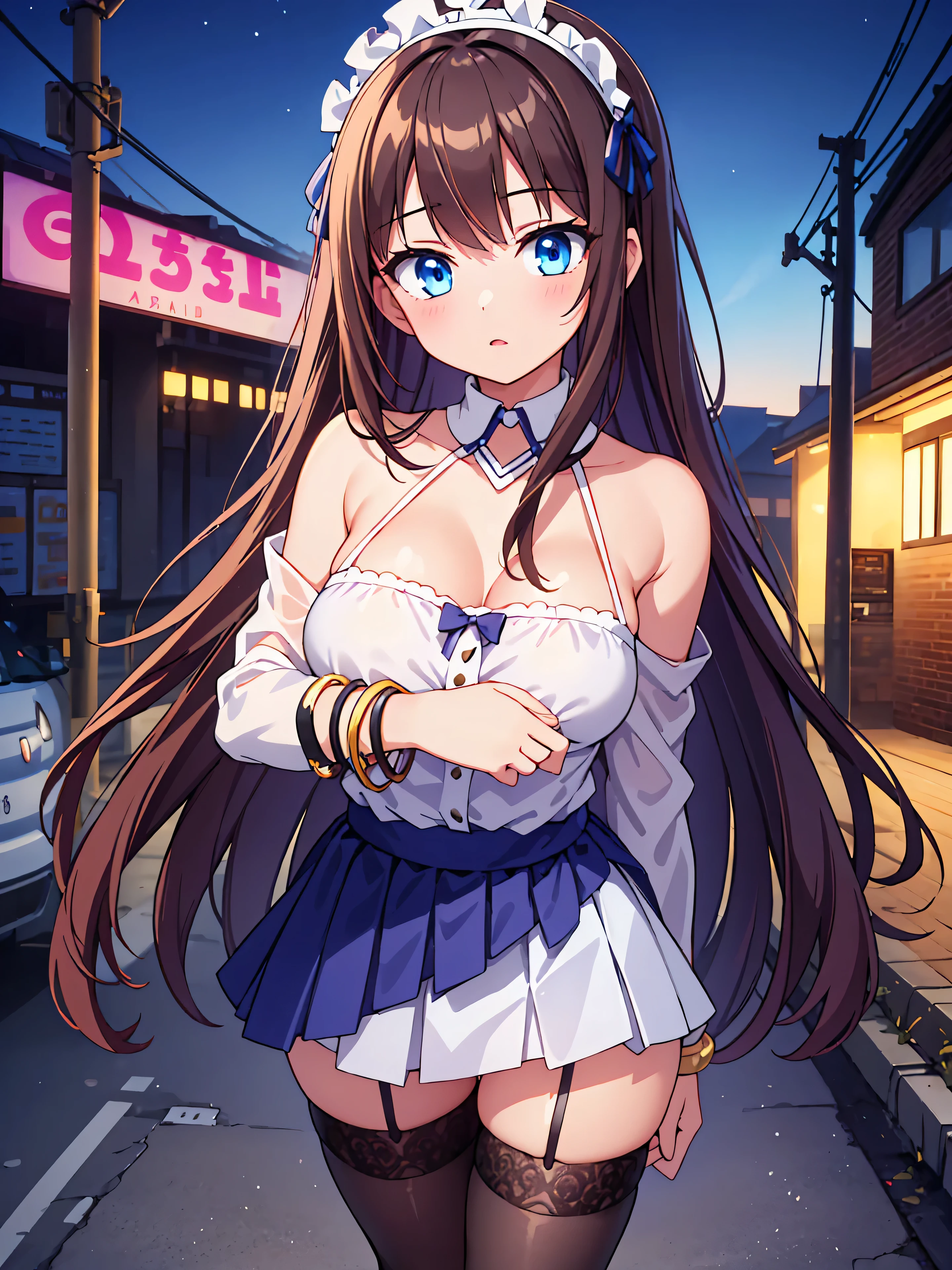 Highly detailed, high quality, masterpiece, beautiful, (all photo shooting), girl student girl, perfect eyes, blue eyes, light eyes, blushing face, killer, with dark eyes, big thighs, medium breast, long hair, light brown hair, with bracelet on hand, bow in hair, flower headband, with short-sleeved blouse and bare chest, with black stockings, short mini skirt, sexy, background image in an abandoned street at night
