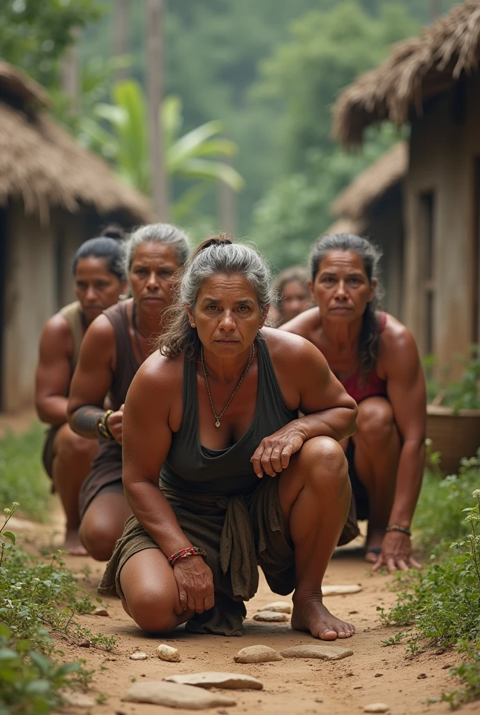 Gritty dramatic shot of two determined 48-years-old middle-aged warrior women trying to survive. From different countries. Natural , In a harsh hot environment. zoomed out half-body and face and landscape photo. looking at the camera, dslr, ultra quality, sharp focus, tack sharp, dof, film grain, Fujifilm XT3, crystal clear, 8K UHD, highly detailed glossy eyes, high detailed skin, skin pores