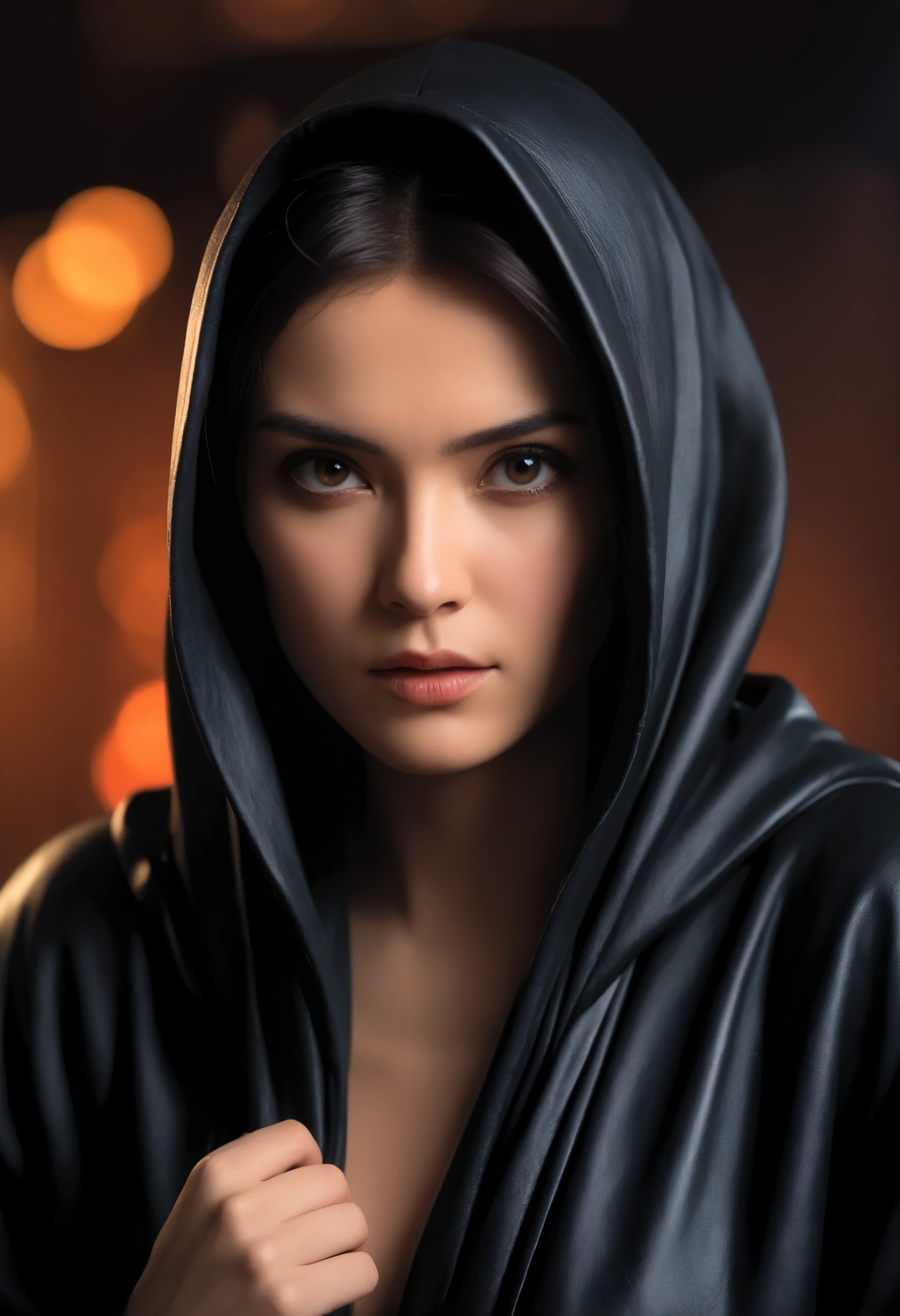 (受賞歴ofある写真:1.3) of ( super real:1.3),(anger:1.3) ( close:0.7), Woman in Black Robe, genuine leather , Canon 5D, 85 mm, depth of field, 8k, ultra sharpness , , octane, unreal , Dramatic light, global illumination (Artist: WLOP:1.3), very detailed,( Dark Wave Art :1.3),(Hardcore Art:1.3),(Agfacolor:1.3),( close-up portrait :1.3),( feminine:1.4),( beautiful:1.4),( attractive:1.3), handsome,Calendar pose, Perfectly detailed eyes , studio lighting,Thematic Background