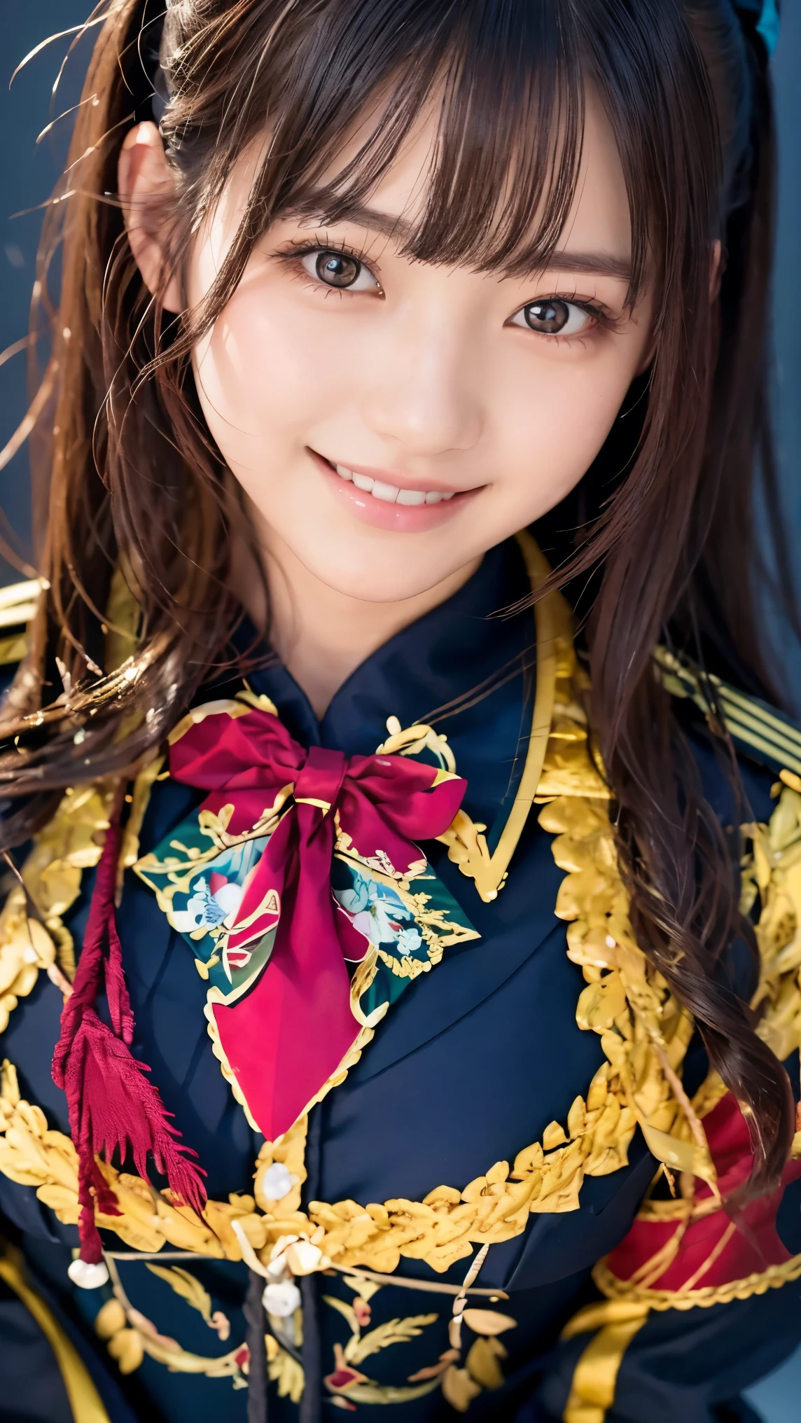 beautiful young Japanese woman , Around 20 years old, Wearing military uniform, very detailedな, 8k resolution, とても by Nomi, Cinema Lighting, highest quality, Masterpiece, by Nomi, physically-based rendering , very detailed, vibrant colors, professional with a smile, sharp concentration, studio lighting. black latex{ x} Standing Facing Front , bright smile