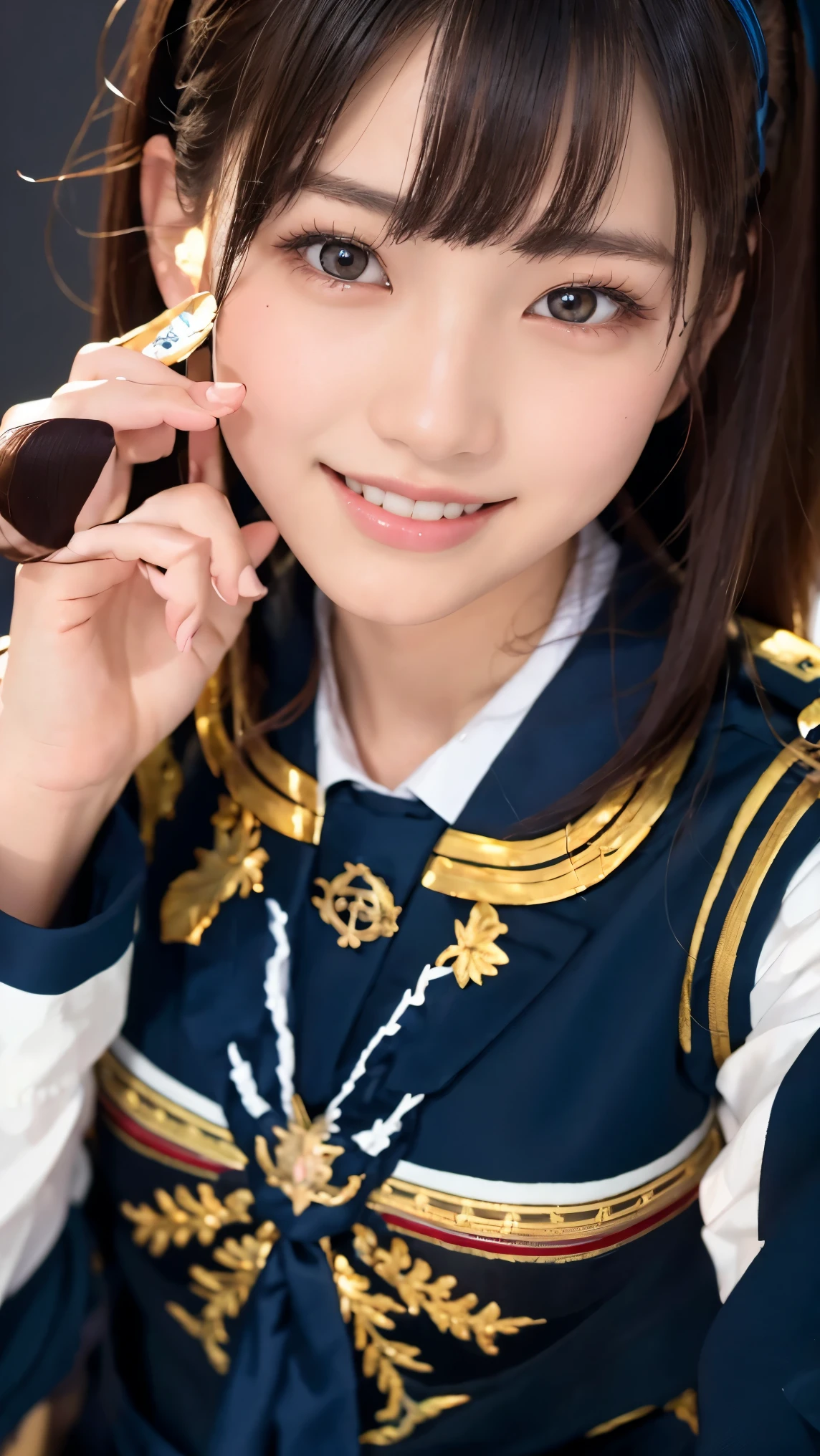 beautiful young Japanese woman , Around 20 years old, Wearing military uniform, very detailedな, 8k resolution, とても by Nomi, Cinema Lighting, highest quality, Masterpiece, by Nomi, physically-based rendering , very detailed, vibrant colors, professional with a smile, sharp concentration, studio lighting. black latex{ x} Standing Facing Front , bright smile
