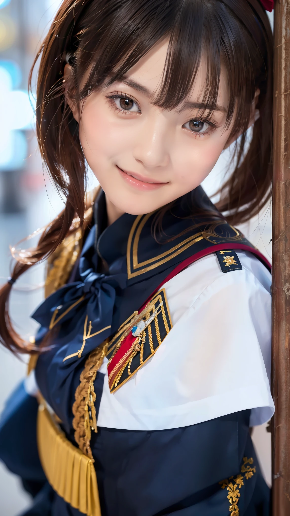 beautiful young Japanese woman , Around 20 years old, Wearing military uniform, very detailedな, 8k resolution, とても by Nomi, Cinema Lighting, highest quality, Masterpiece, by Nomi, physically-based rendering , very detailed, vibrant colors, professional with a smile, sharp concentration, studio lighting. black latex{ x} Standing Facing Front , bright smile