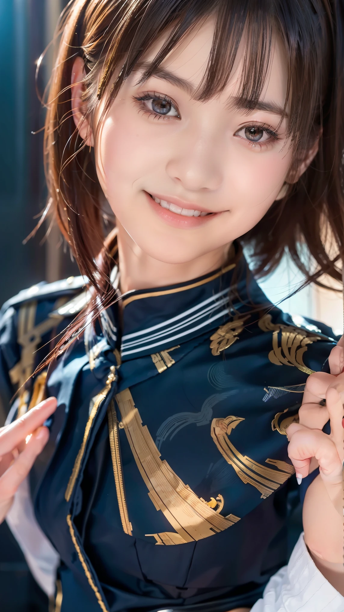 beautiful young Japanese woman , Around 20 years old, Wearing military uniform, very detailedな, 8k resolution, とても by Nomi, Cinema Lighting, highest quality, Masterpiece, by Nomi, physically-based rendering , very detailed, vibrant colors, professional with a smile, sharp concentration, studio lighting. black latex{ x} Standing Facing Front , bright smile