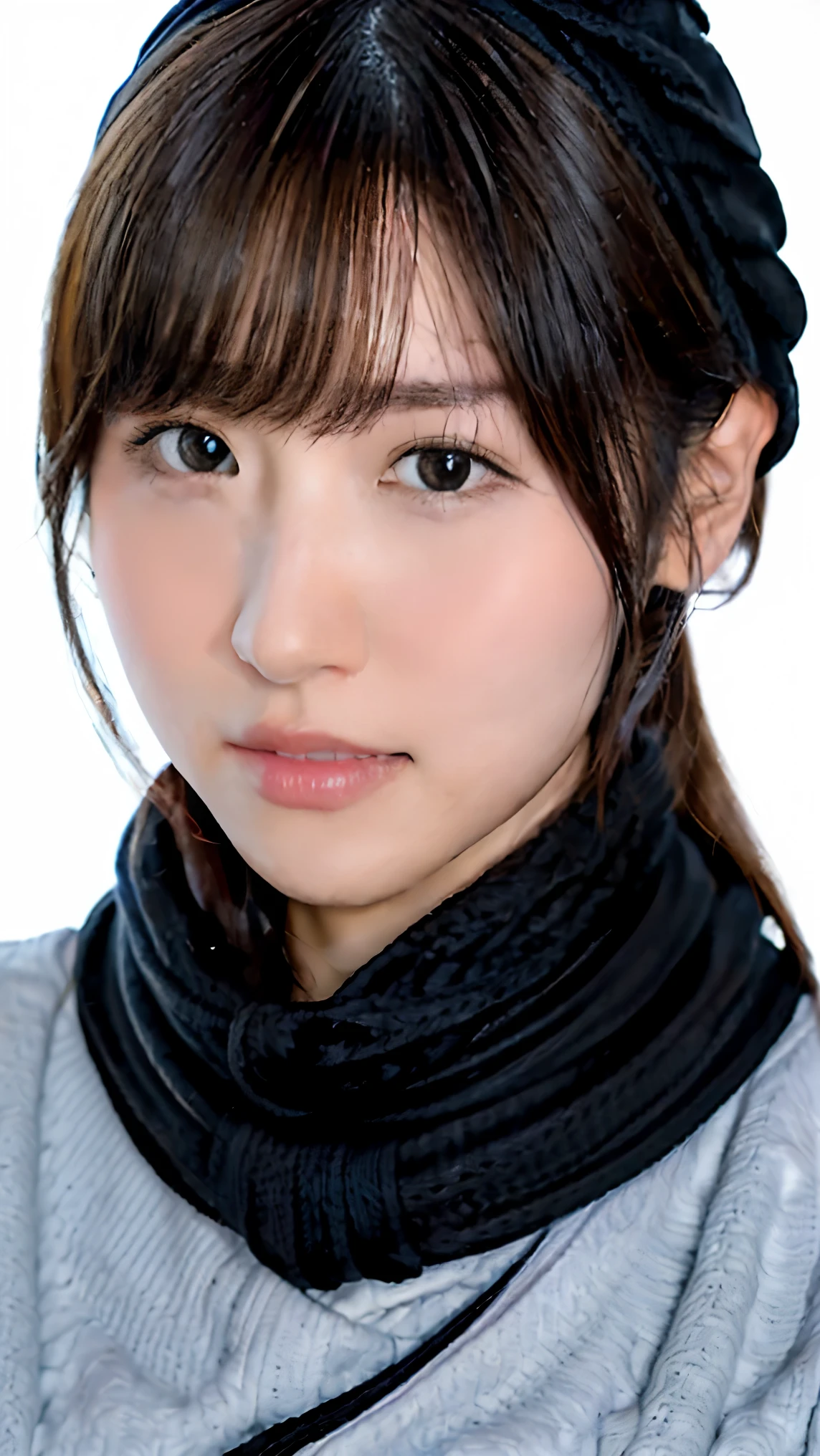 1 Japanese Girl ,( black sweater that has been hit:1.4),( she wears a knitted snood around her neck to hide her chin......:1.5), ( RAW Photo , highest quality), ( by Nomi, photorealistic:1.4), Masterpiece, very delicate and beautiful , extremely detailed, 8k wallpapers, wondrous, Finely Details, highly detailed CG unity , high resolution, Soft light, Beautiful detailed 19 year old, very detailed eyes and face, beautiful detailed nose , beautiful detailed eyes, Cinematic Lighting,City lights at night, perfect anatomy, slender body, smiles ( hair is disheveled, asymmetrical bangs that grab the chest , light brown hair ,)