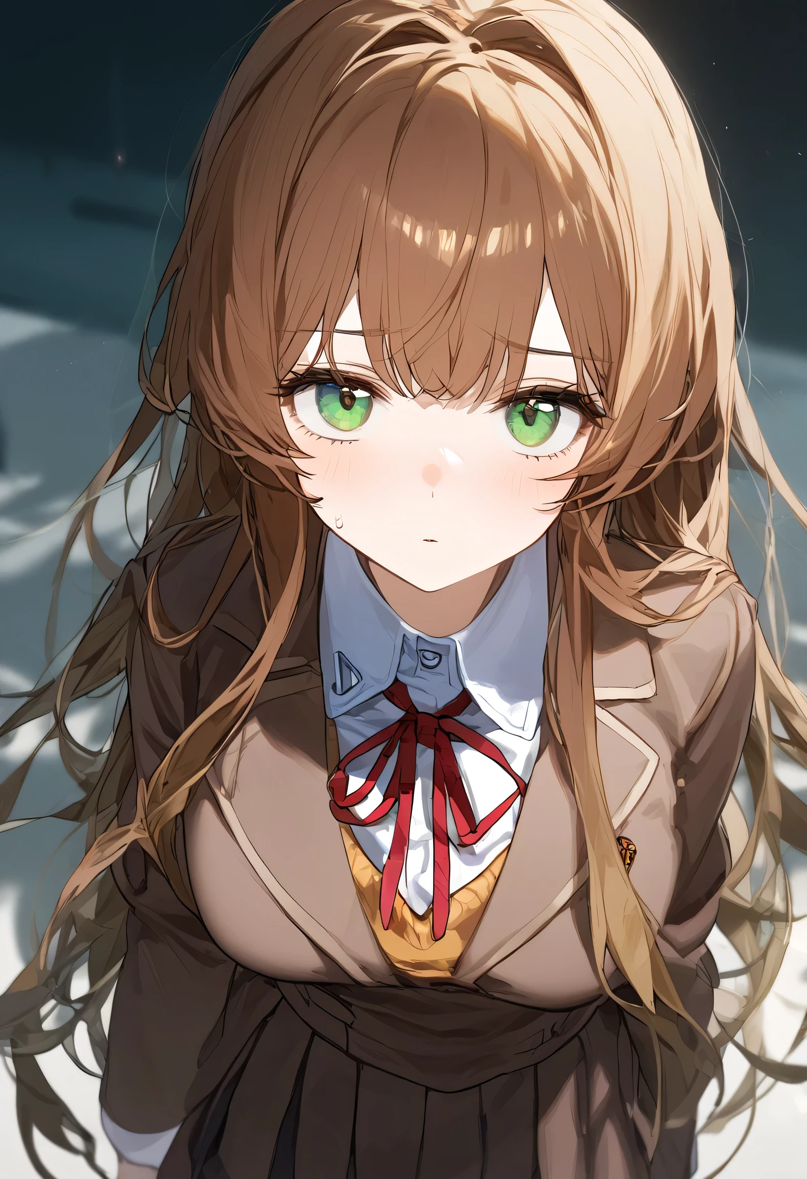 Monica, dlc, BUYOSHINA LINE OF VISION,  and stare at the viewer,  Green Eyes,  school uniform ,   brown blazer 