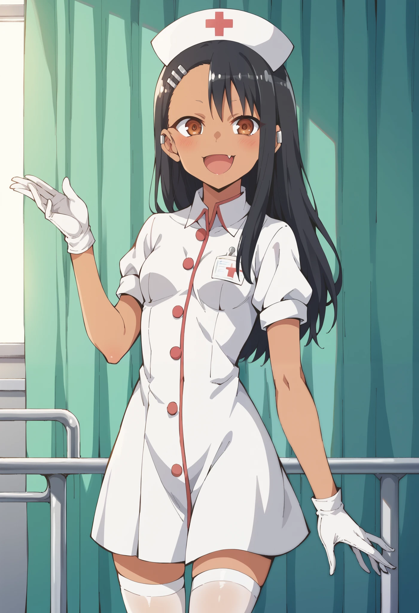 Score_9, score_8_up, score_7_up, source_anime, hayase nagatoro, solo, long hair, bangs, black hair, hair ornament, brown eyes, hairclip, dark skin, dark-skinned female, tan, small breasts, (best quality), (high quality), {masterpiece}, extremely delicate and beautiful, ultra-detailed, beautiful detailed eyes, nurse, nurse hat, ((white nurse's outfit)), white gloves, white legwear, zettai ryouiki, hospital room, smile, open mouth, fang, standing