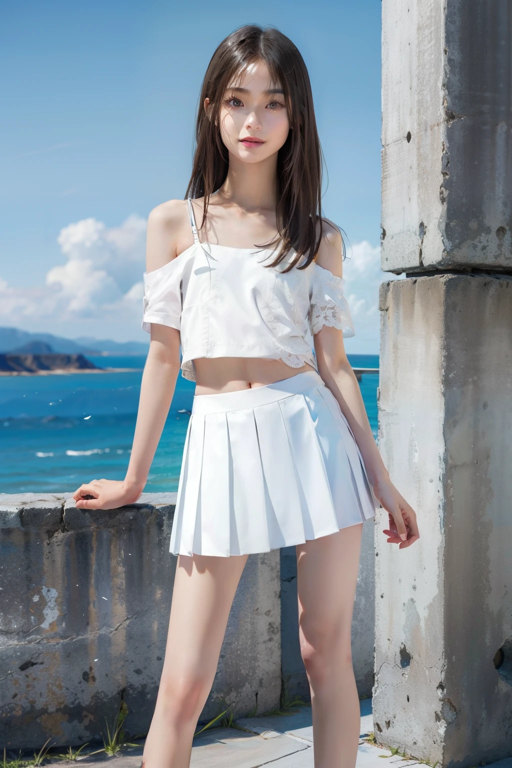 19-year-old girl,Shower room,White short-sleeved pleated skirt,Shower head sprays water,Wet all clothes,Showing belly button cleavage,Medium chest