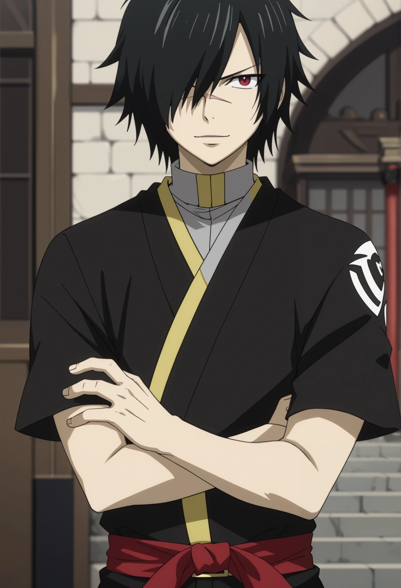 score_9, score_8_up, score_7_up, official art style, intricate details, anime screencap, depth of field, 1boy, solo, male focus, rogue_cheney, black hair, red eyes, hair over one eye, scar, close-up, ((black kimono with red and gold details, short sleeves, a thick waist belt, fitted black pants underneath, wrapped forearms, a katana on his back)), bright and innocent smile, joyful expression, looking slightly shy.