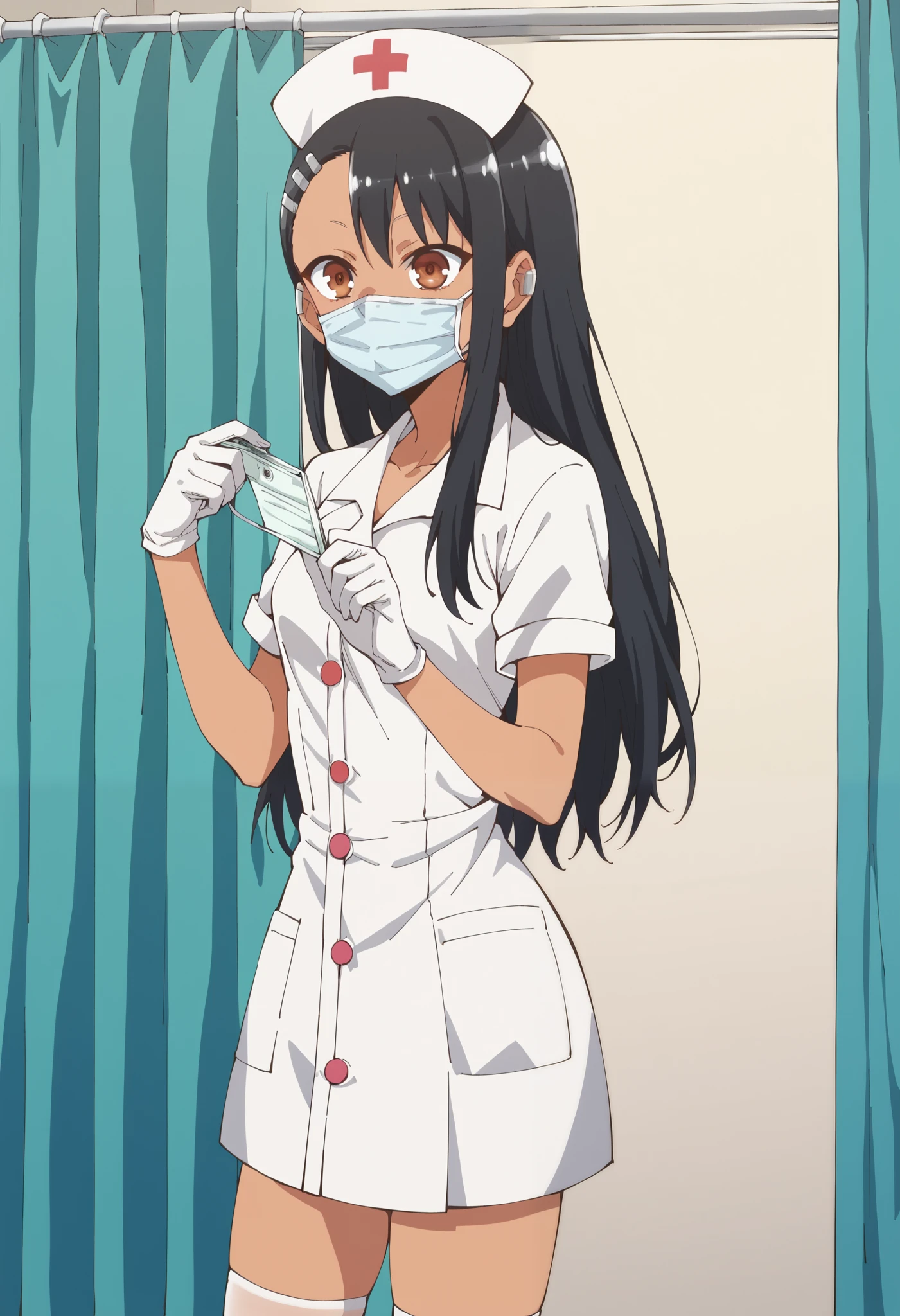 Score_9, score_8_up, score_7_up, source_anime, hayase nagatoro, solo, long hair, bangs, black hair, hair ornament, brown eyes, hairclip, dark skin, dark-skinned female, tan, small breasts, (best quality), (high quality), {masterpiece}, extremely delicate and beautiful, ultra-detailed, beautiful detailed eyes, nurse, nurse hat, ((white nurse's outfit)), white gloves, white legwear, zettai ryouiki, hospital room, ((white surgical mask, covered nose)), standing