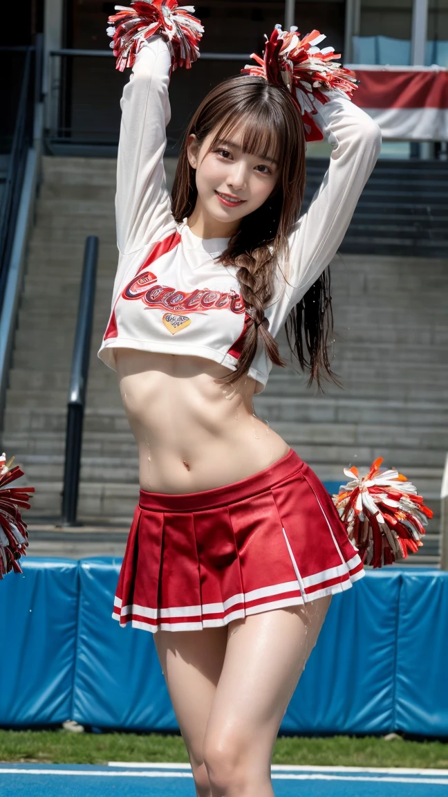 (8k、RAW Photos、Highest quality、masterpiece:1.2)、((Cheerleader:1.5))、((Very flat chest、Completely naked、pubic hair、Nipples:1.4))、((Enlarge your face、Cheekbones are prominent、Pointed jaws、Eyes widen、Pitch black eyes、skinny、Thick lips、smile、Muscular:1.3))、(Realistic、Realistic)、1 person、(Gym)